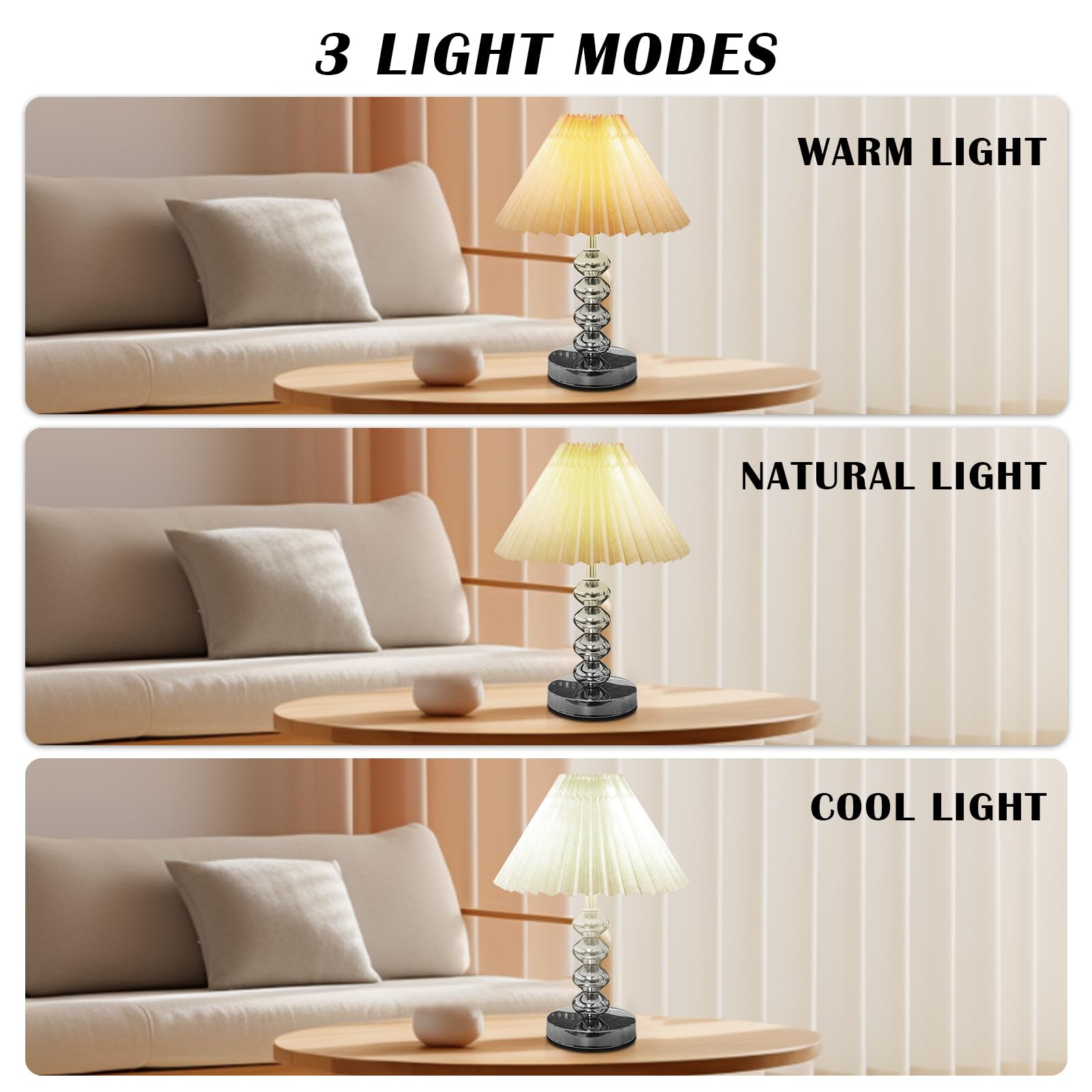 Aoteam Small Pleated Table Lamp, Modern Metal Base Nightstand Lamp With Beige Fabric Shade, Ideal For Bedroom, Living Room, Kids Room, And Study, A Cute Accent Lamp For Cozy Lighting (Silver)