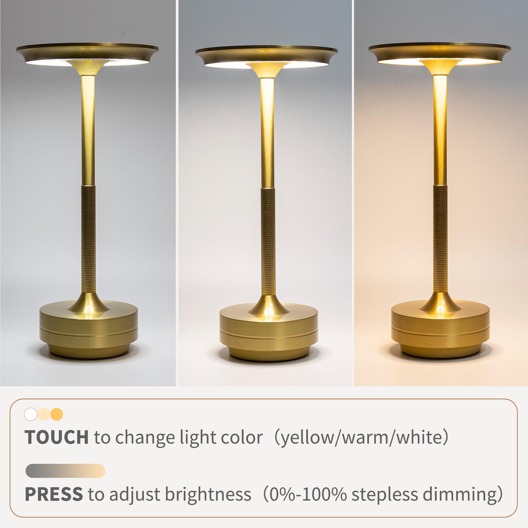 Lusharbor Cordless Table Lamp, 5200Mah Rechargeable Battery Operated Desk Lamp, 3-Color Stepless Dimming Touch Contorl Led Bedside Lamp For Restaurant Bedroom Gold