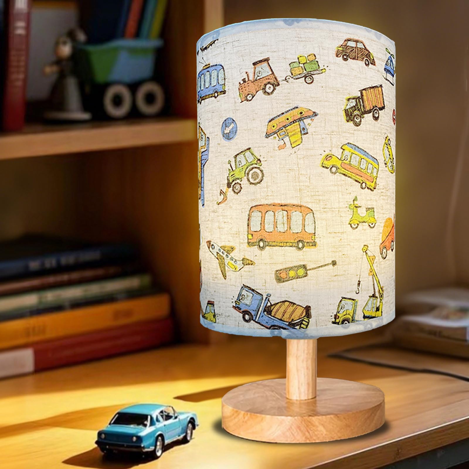Gftdns Kids Lamps For Bedrooms Boys,Car Lamp,3 Level Dimmable Wood Nightstand Desk Base Flaxen Fabric Shade For Bedroom Living Room,Car For Boys