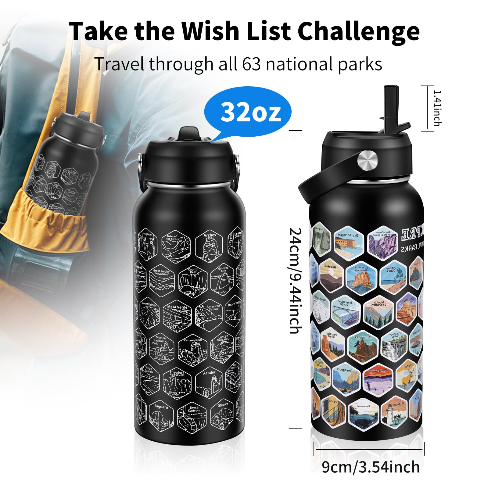 63 National Parks Water Bottle With Water Proof Stickers,32 Oz Leak Proof Insulated Stainless Steel