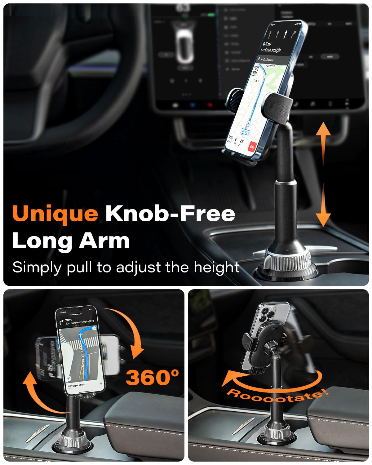 Apps2Car Solid Cup Phone Mount For Car Cup Truck With Quick Extension Long Arm Fast Swivel Adjustable Height 360 Rotatable Low Profile For Iphones