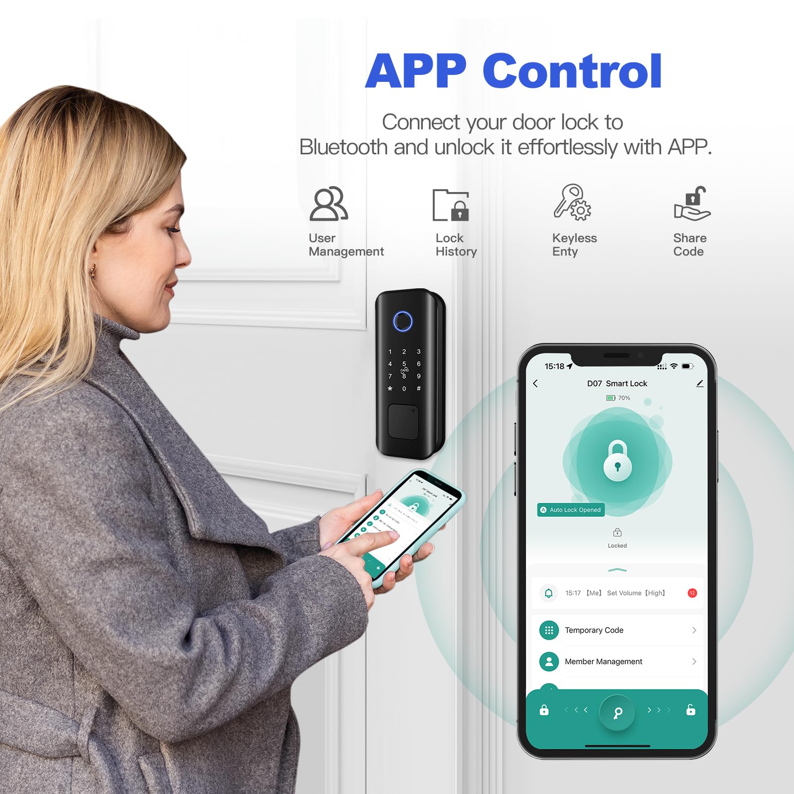 Dinstech Smart Keyless Entry Door Lock With Fingerprint & Touchscreen Keypad, Auto Lock, Bluetooth Control (Black)