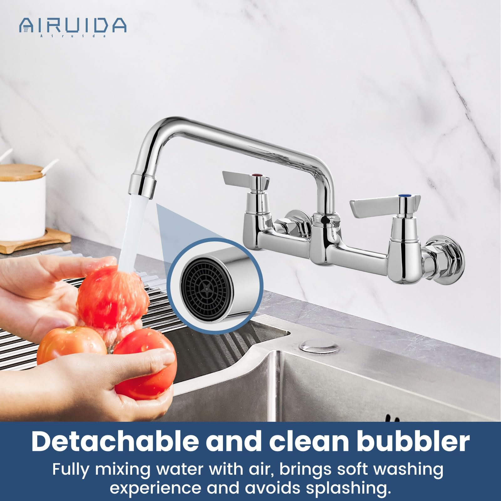 Airuida Wall Mount Utility Kitchen Sink Faucet 2 Handle Wall Mounted Laundry Tap Wall Mounted Sink Faucets 8 Inch Center Commercial Kitchen Faucet Chrome Polish With Adapters 8 Inches Swivel Spout