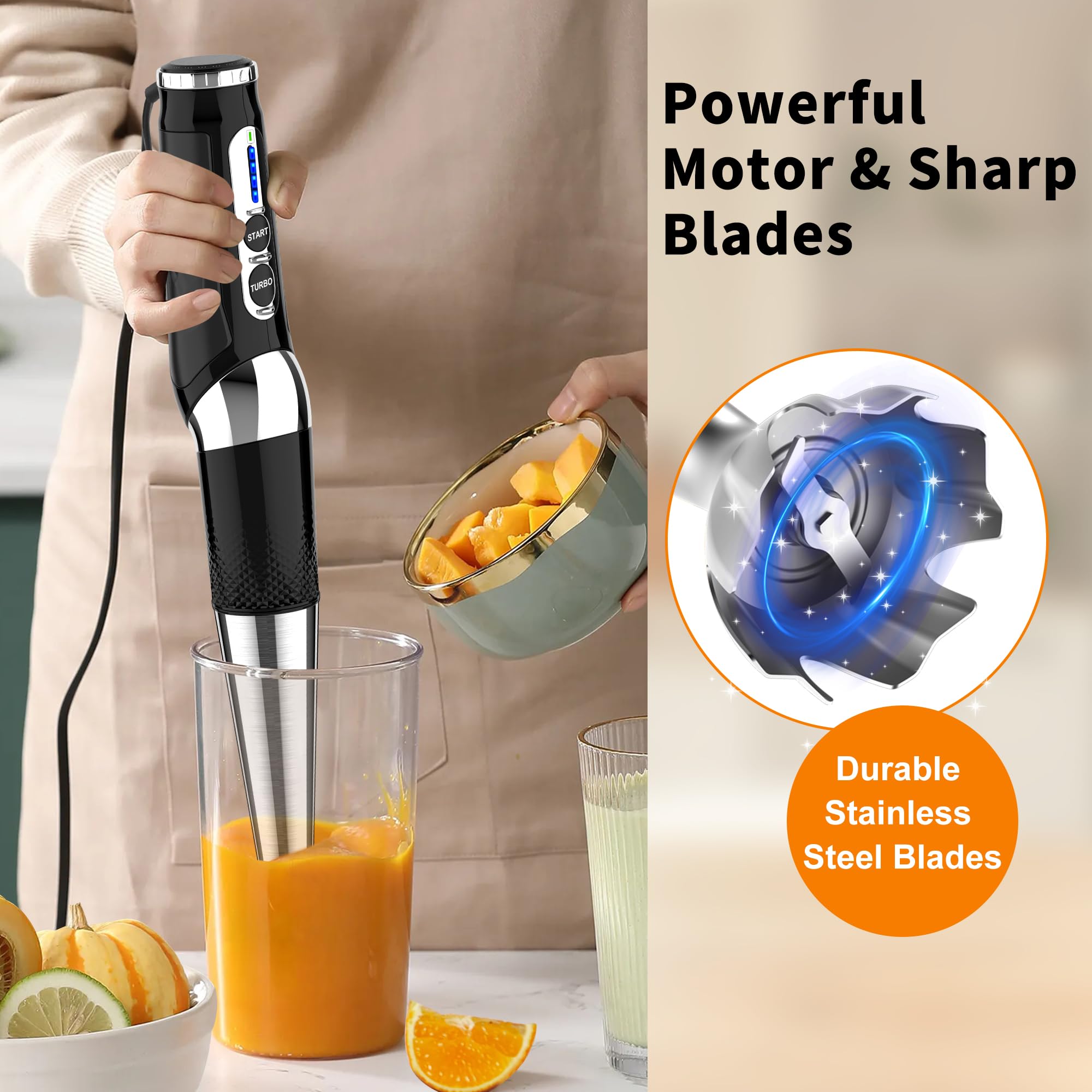 Binroc Immersion Blender Handheld, 3-Angle Adjustable With 21-Speed Electric Hand Emulsion Stick Blender With Stainless Steel Bladefor Milkshakes, Puree, Soup, Baby Food, Smoothies