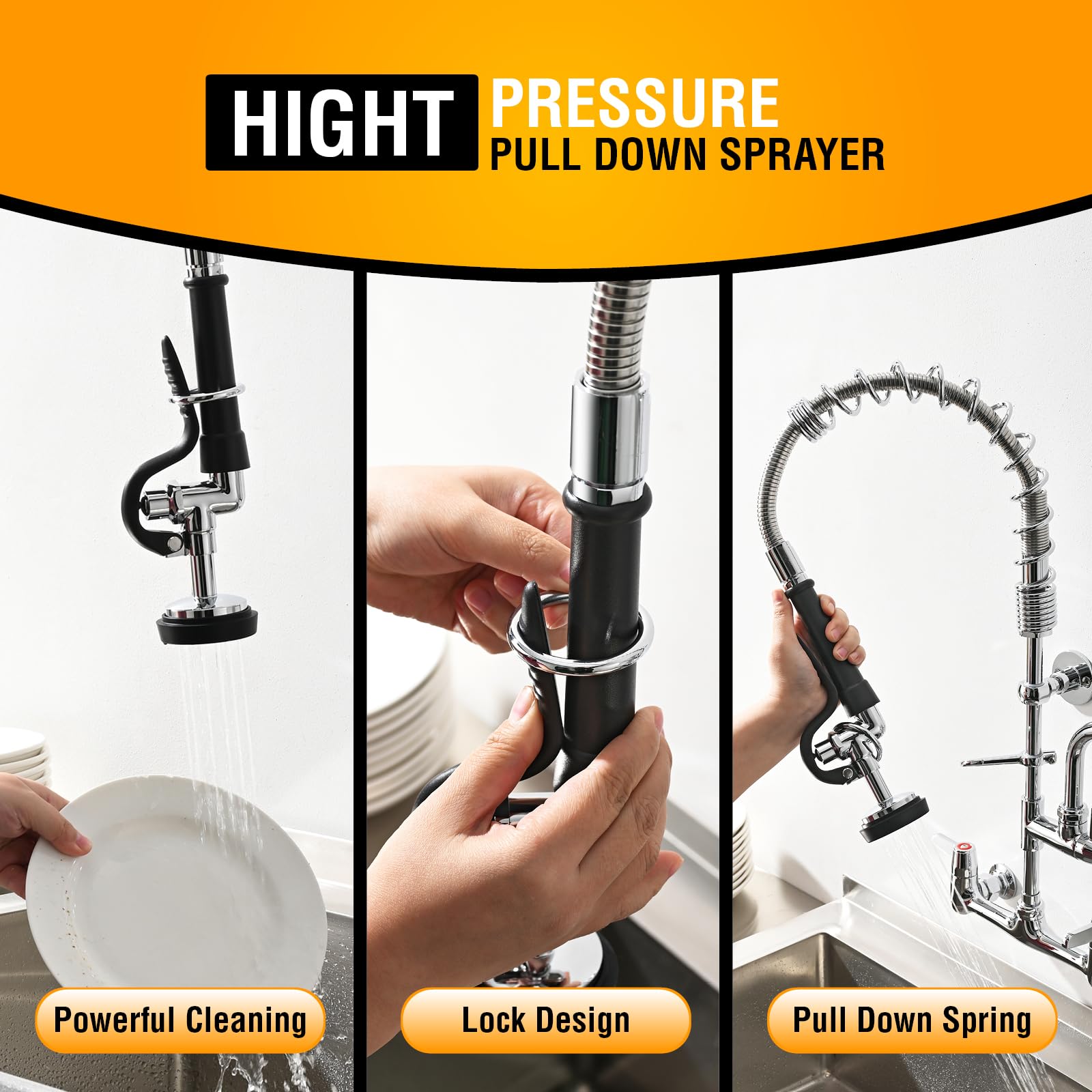 Gimili Commercial Kitchen Faucet Wall Mount With Pre-Rinse Sprayer 8 Inch Center Wall Mount Kitchen Sink Faucet Swing Spout 25" Height Faucet With Pull Down Spray