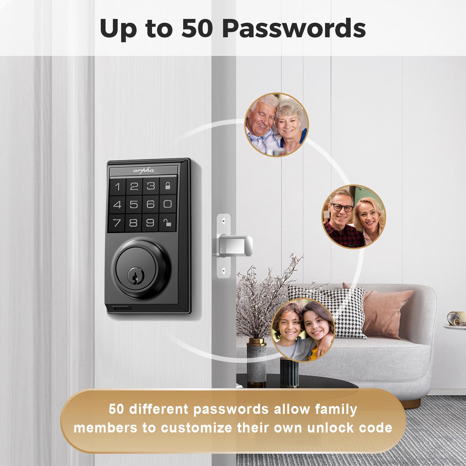 Arpha Keyless Entry Door Lock D100, Electronic Keypad Deadbolt, Smart Locks For Front Door With 100 User Codes, One-Touch Lock/Unlock, Auto-Lock, Anti-Peeking Password, 2 Keys, Easy Install, Zinc Alloy