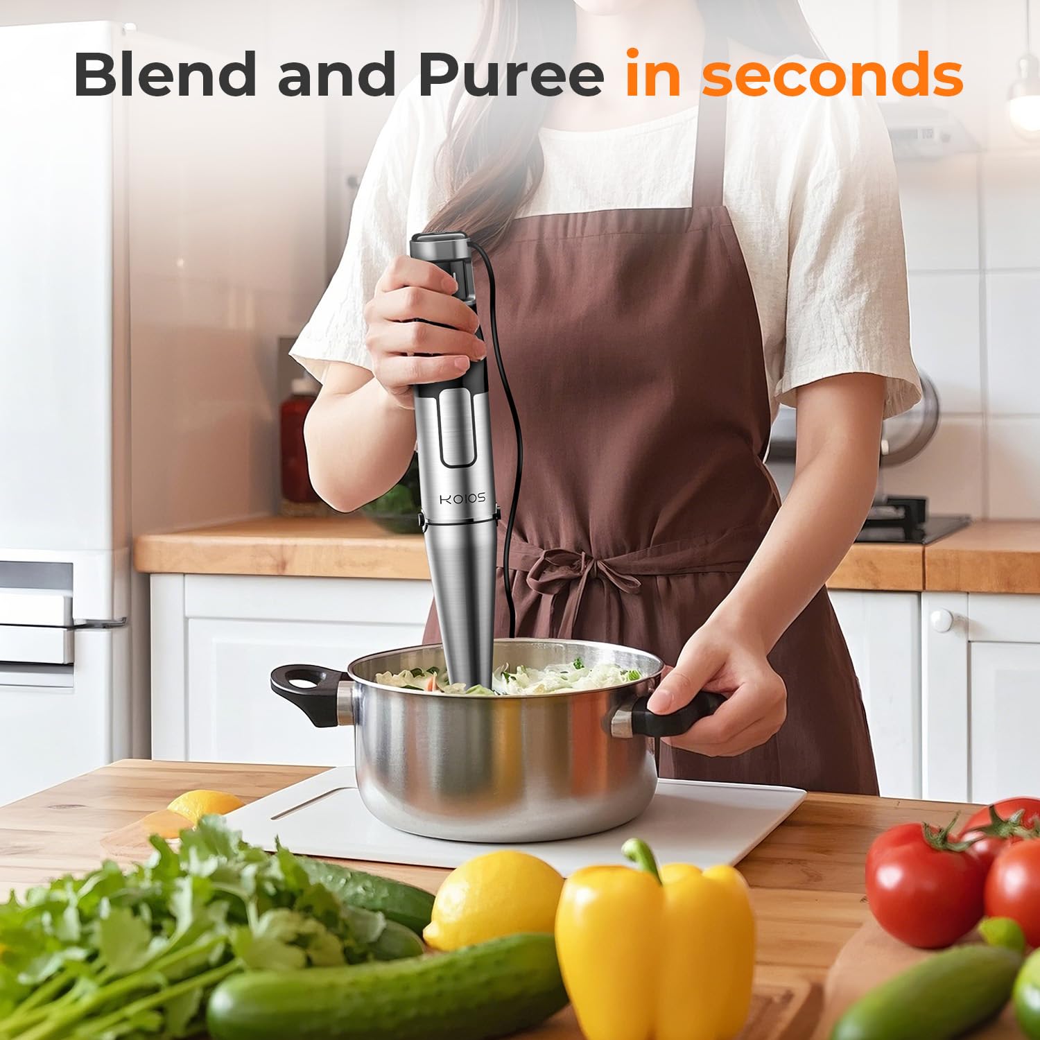 Koios Immersion Blender Handheld Trigger Variable Speed 5-In-1 Immersion Hand Blender 1100W, Anti-Scratch Stainless Steel Shaft, Chopper & Milk Frother, Non-Bpa For Soup, Baby Food And Smoothies