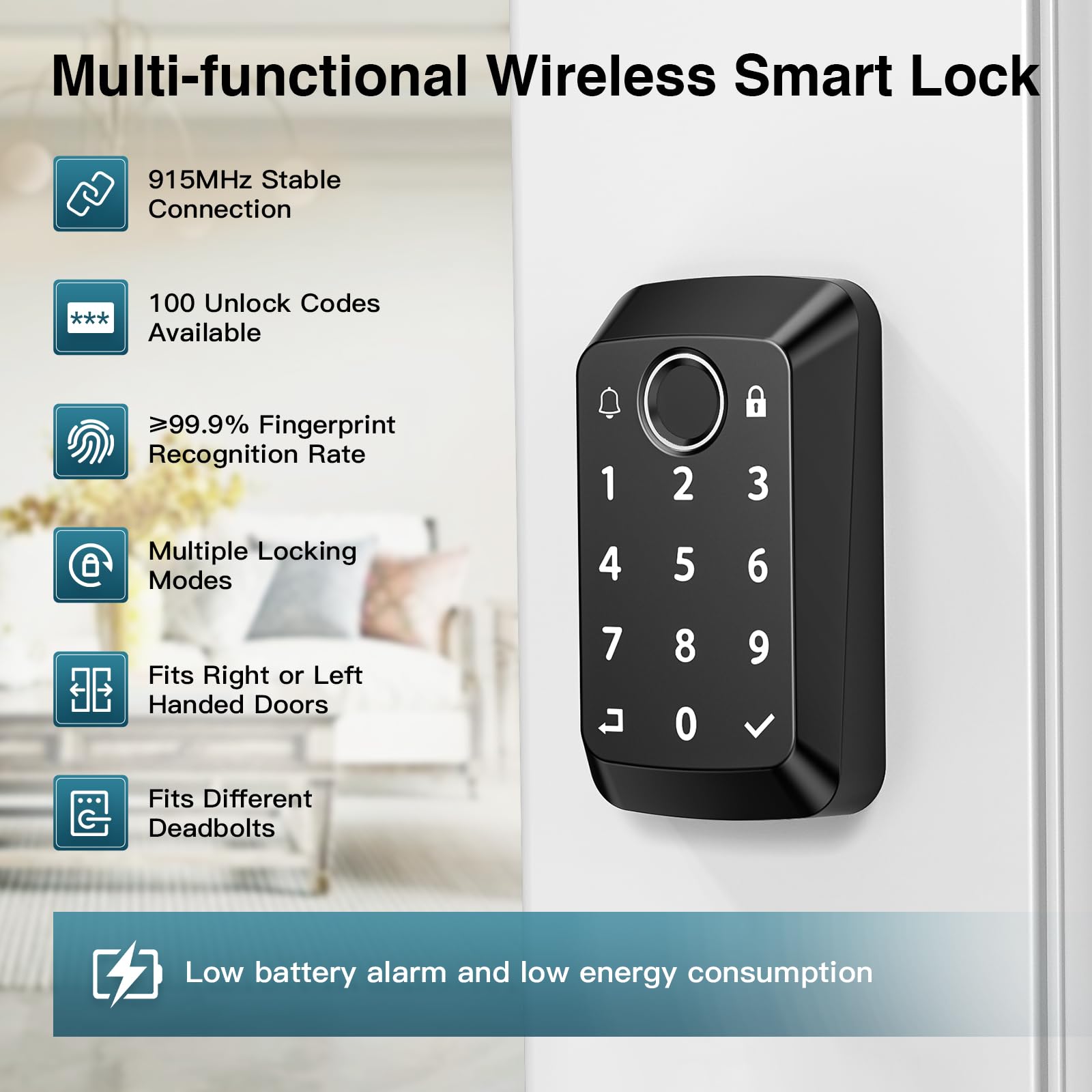 Calzibeno Keyless Entry Door Lock With Doorbell, Fingerprint Smart Locks For Front Door, Electronic Keypad Deadbolt With Built-In Wi-Fi App Control, Auto Lock-Control, 915Mhz Connection, Matte Black