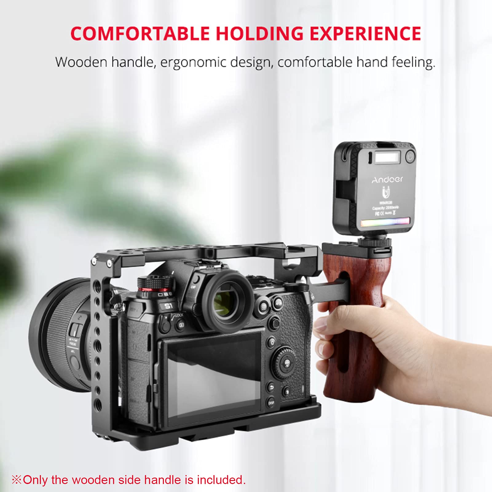 Andoer Explopur Universal Camera Cage Wooden Handle Left/Right Side Hand Grip With Cold Shoe Mount 1/4 Inch & 3/8 Inch Screw Holes Video Pgraphy Accessories