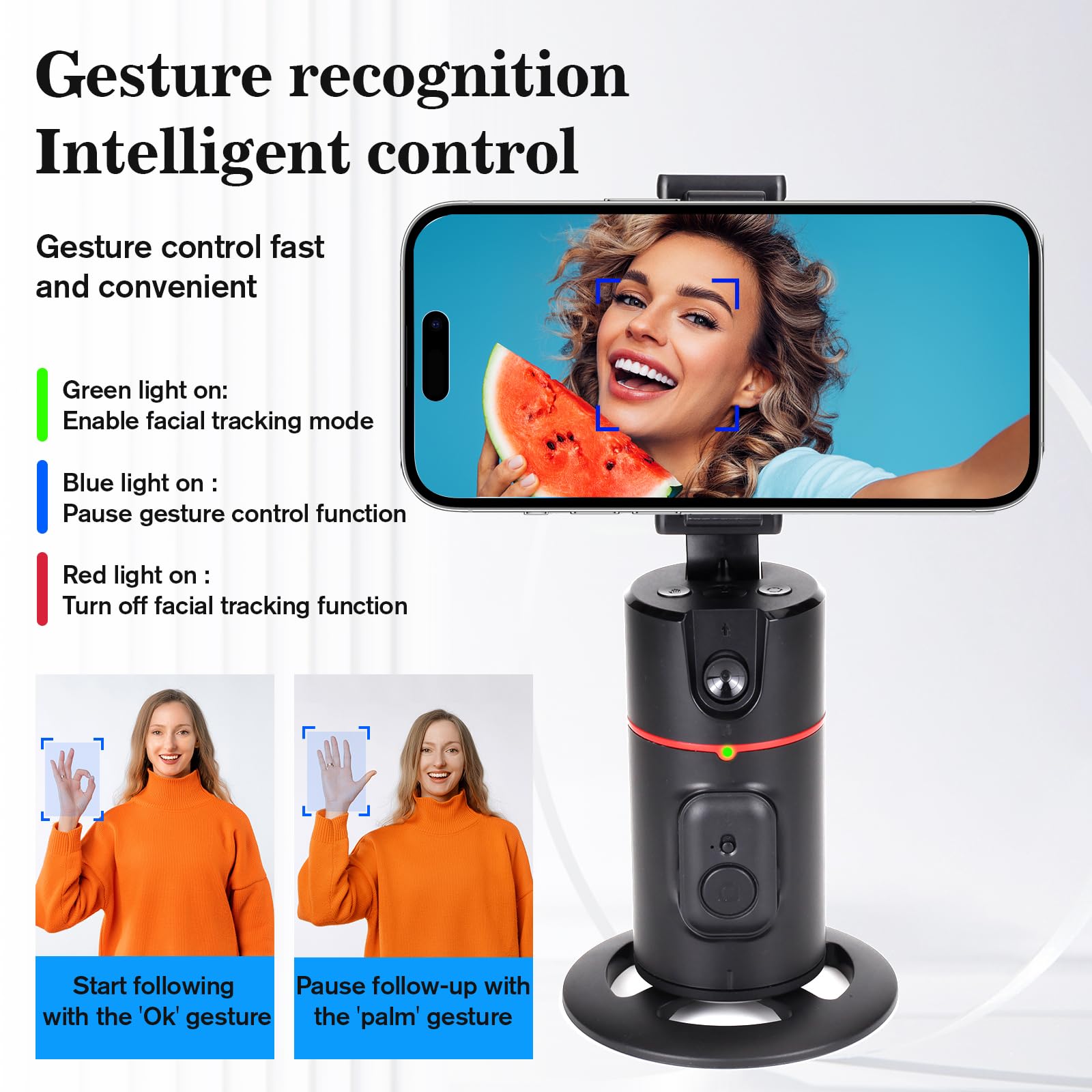 Obscurusly Auto Face Tracking Tripod,360°Rotation Phone Camera Mount Smart Shooting Holder With Remote Selfie Stick,No App,Gesture Control,With 2Pcs Led Light