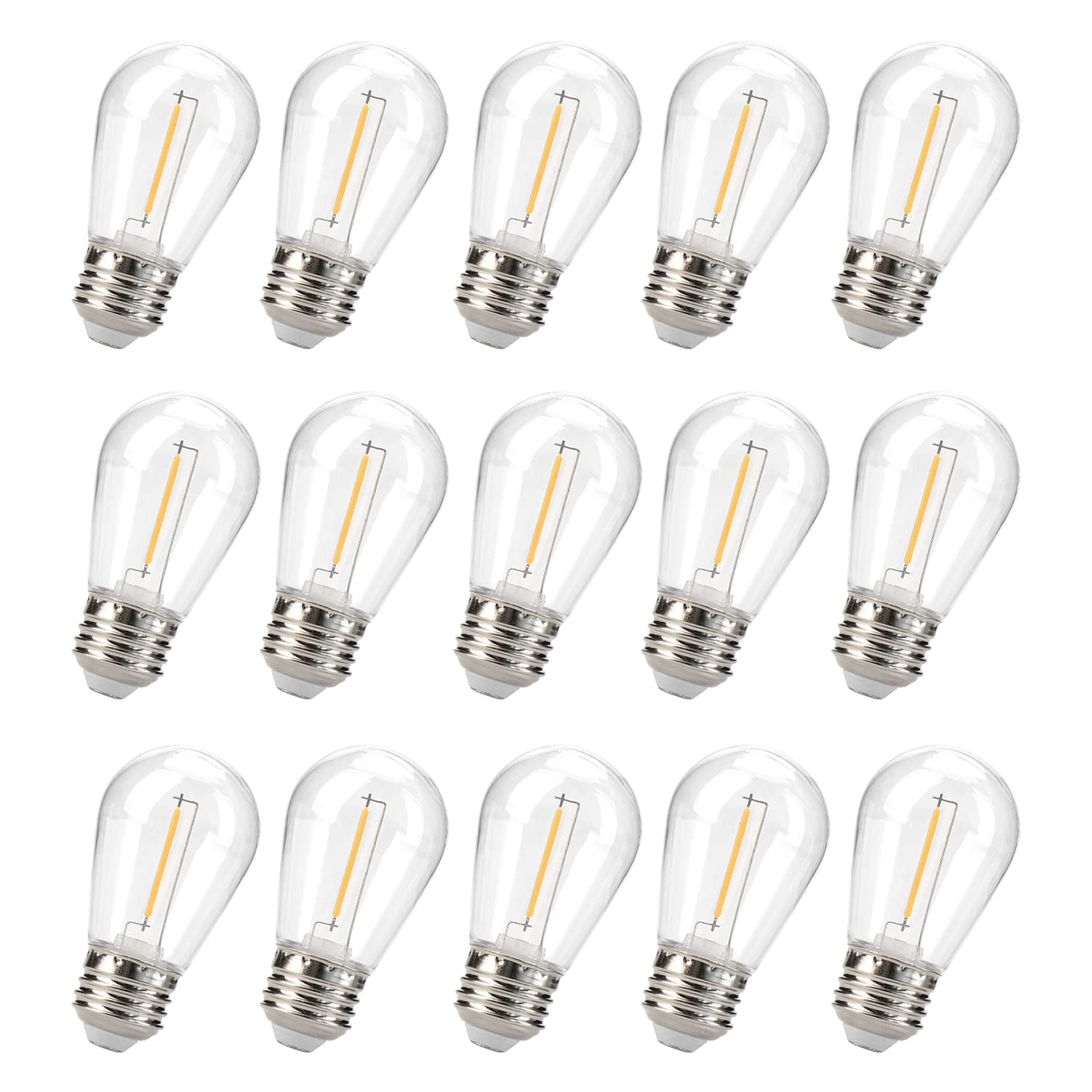 Leadleds 15 Pack S14 Led String Light Bulbs, Shatterproof Vintage Edison Style, 1 Watt (11W Equivalent), 2700K Warm White, Waterproof, E26 Base For Outdoor/Indoor Use