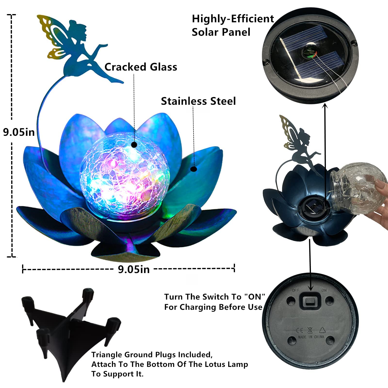 Yjfwal Garden Solar Lights Decorative, Crackle Globe Glass Lotus Flower With Fairy Decor, Metal Lotus Lamp For Garden,Patio,Lawn,Walkway,Tabletop(Multi-Color)