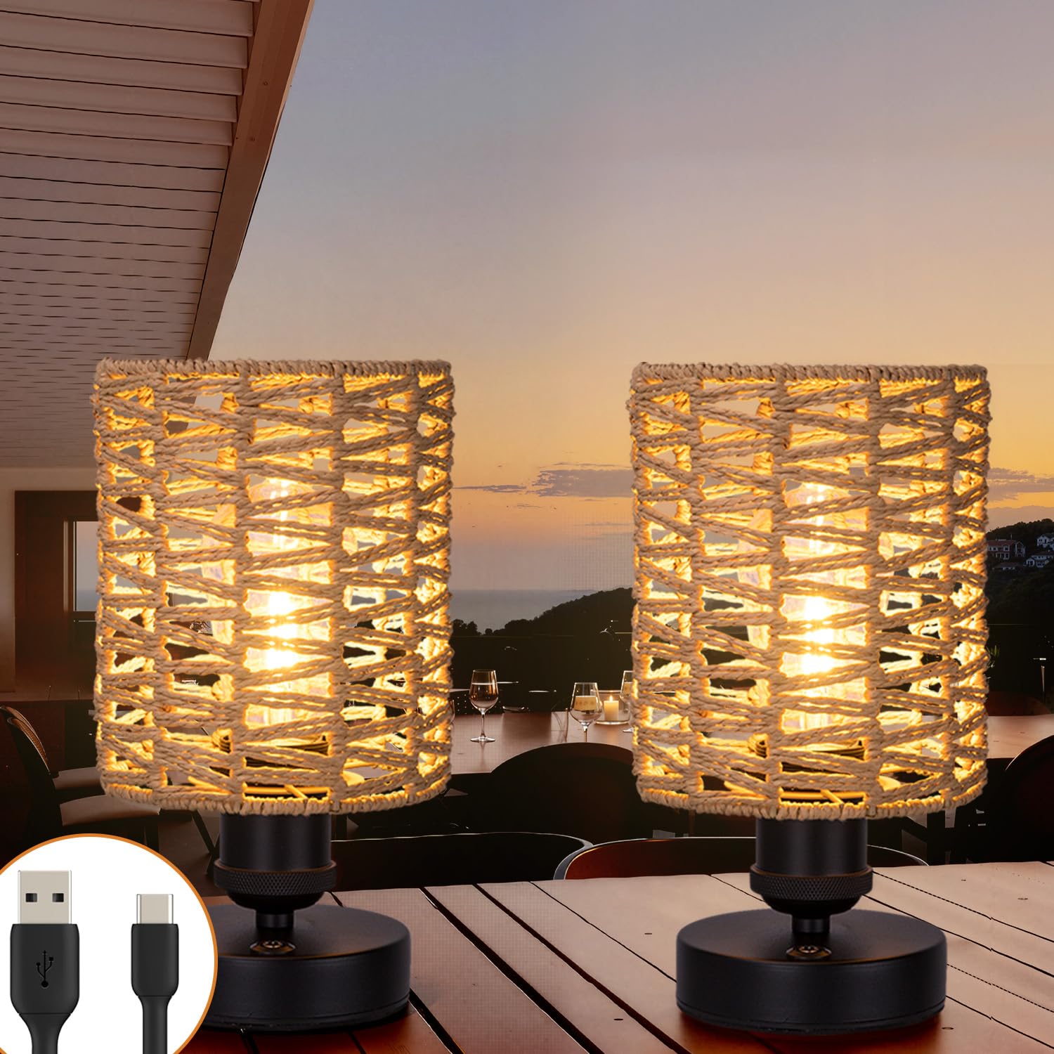 All Fortune Cordless Outdoor Table Lamps, Small Rattan Boho, Rechargeable Battery Operated For Outdoor Patio, Home, Living Room, Bedroom, Bedside - Set Of 2 (Beige-B)
