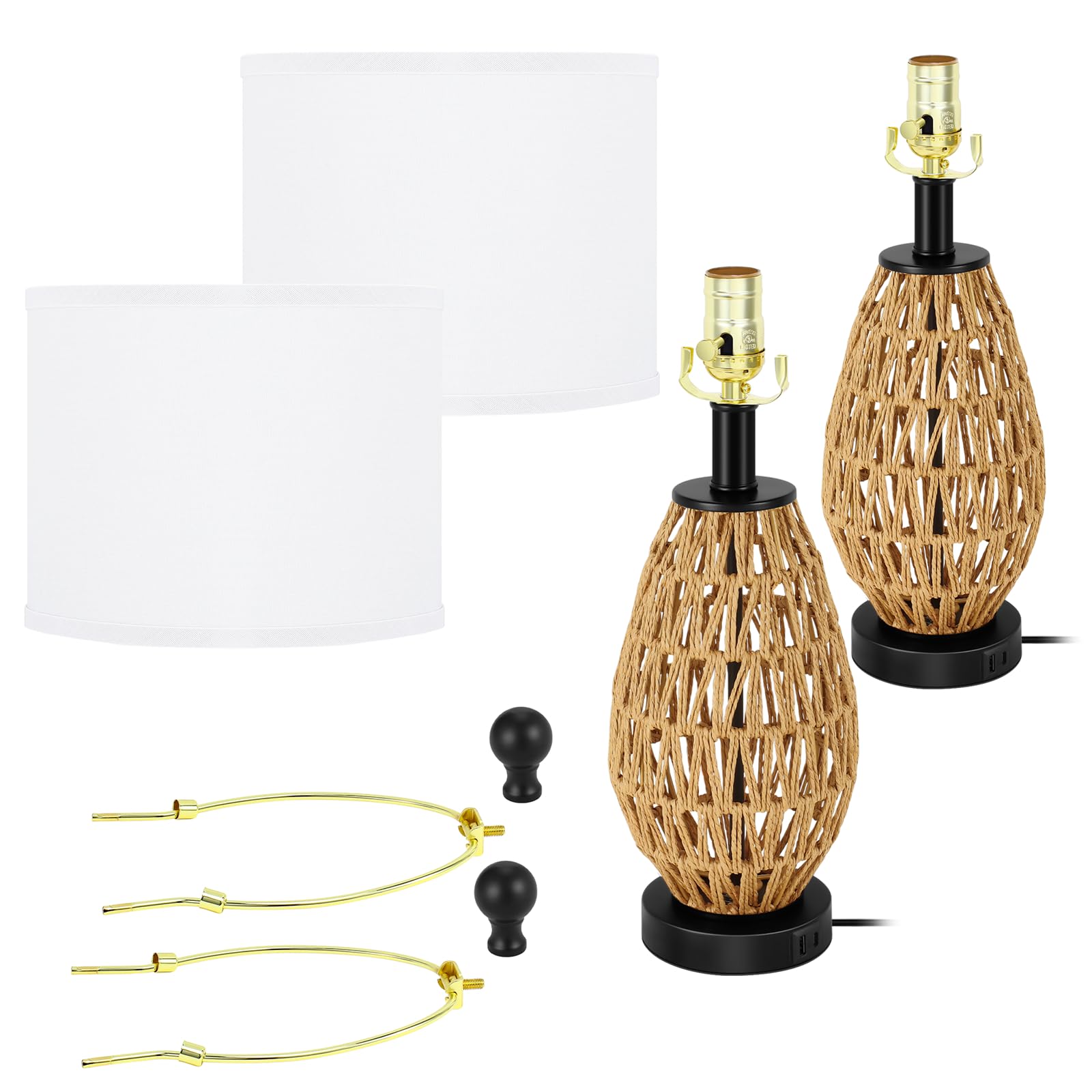 Tpamswo Coastal Table Lamps Set Of 2, Retro Rattan Woven 24" Bedside Lamp, For Bedroom Living Room Home Nightstand Table Lamp(With Usb C+A 5V 2.1A Charging Ports)