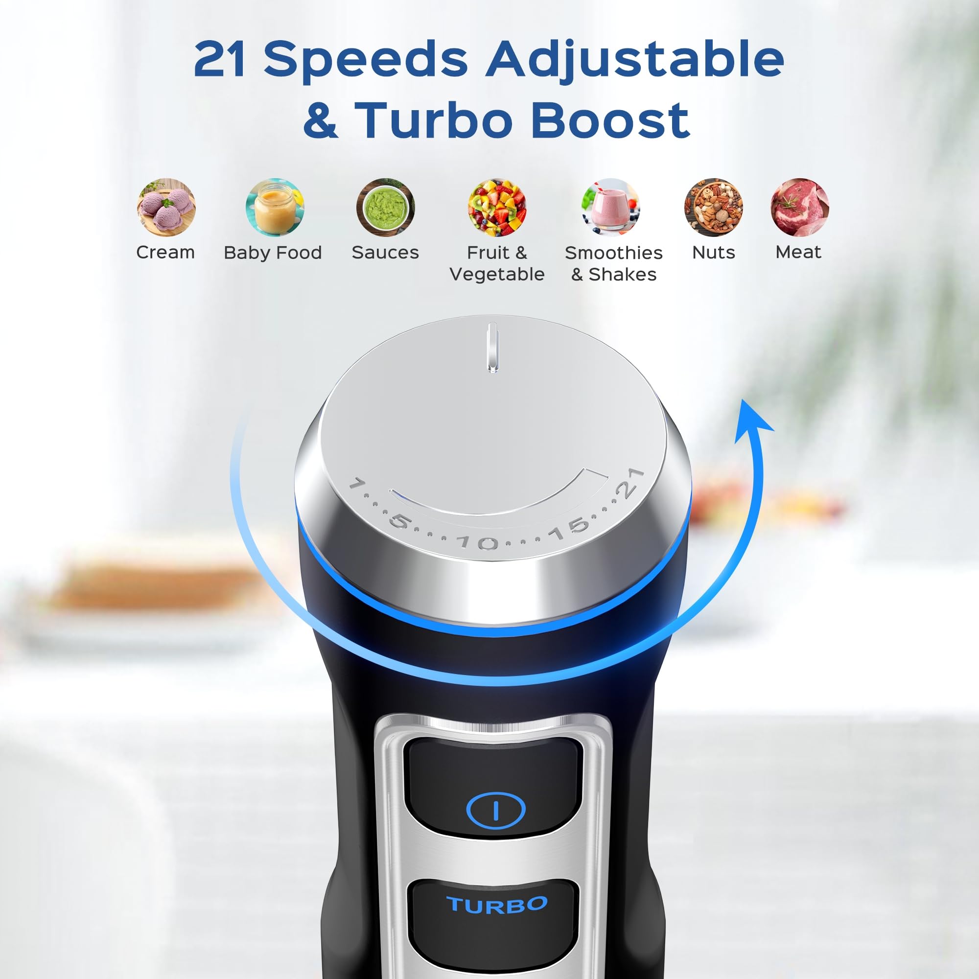 Gogocook Immersion Blender 5 In 1 Hand Blender, Electric Blender Max 1000W Heavy Duty Motor, 21 Speed & Turbo Mode Handheld Blender, Milk Frother, Egg Whisk, 800Ml Beaker, 600Ml Chopper Stainless Steel Blades