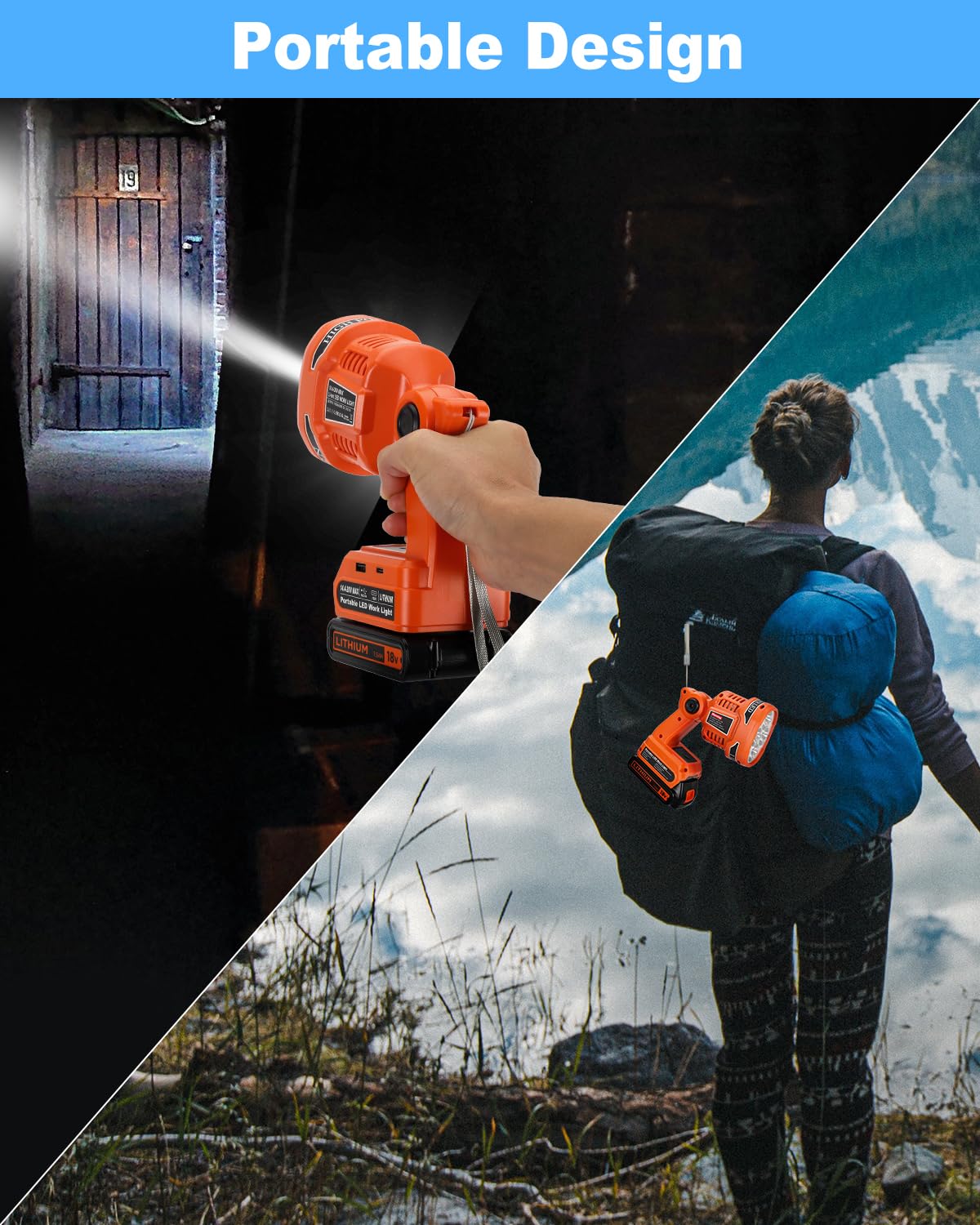 Adisipsoarin Cordless Led Flashlight For Black And Decker 20V Battery, 22W Led Work Light With Usb-A&Usb-C 2.1A Fast Charging Ports For Jobsite, Car Repairing, Camping, Emergency