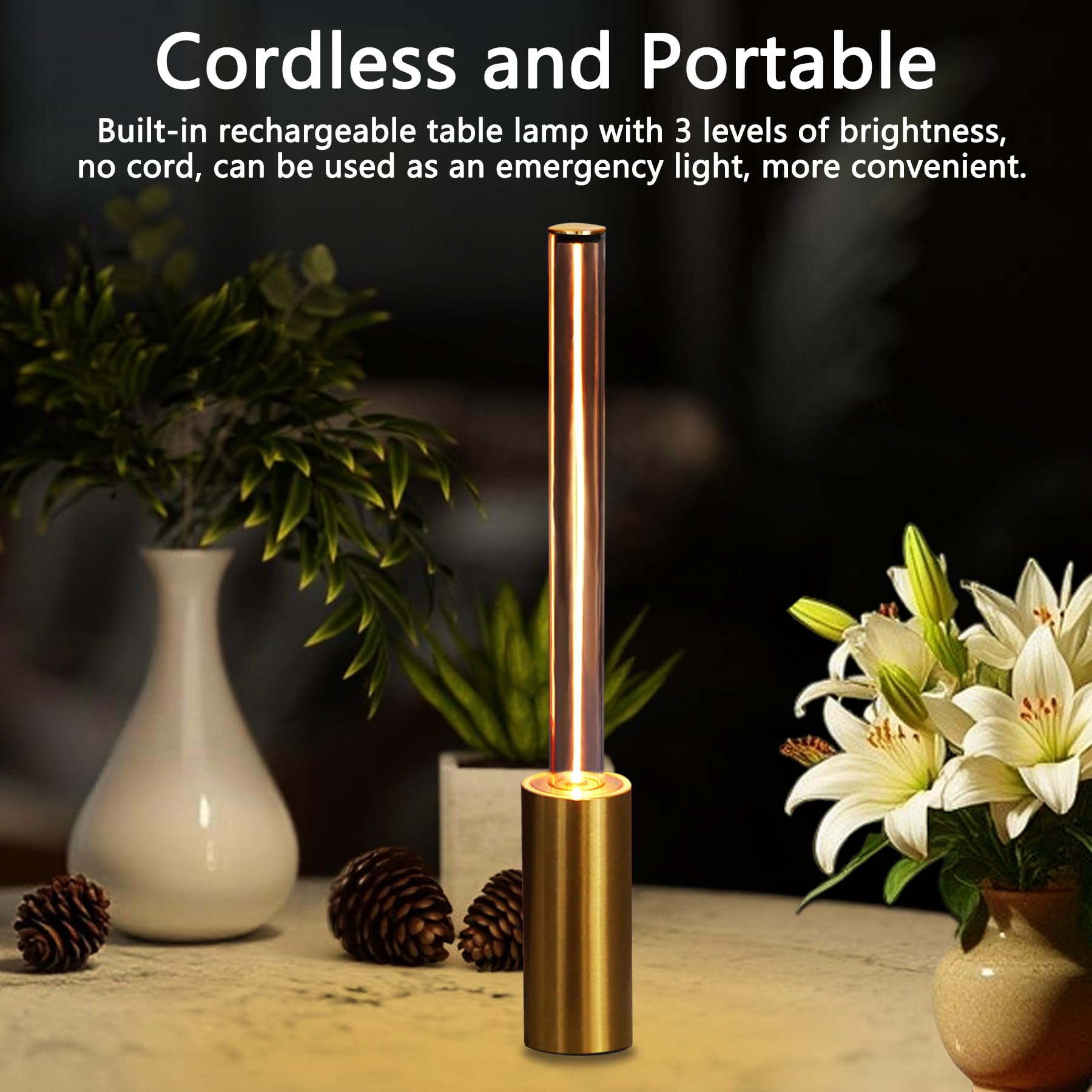 Nuunuy Cordless Table Lamp Set Of 2, 3 Way Dimmable Touch Rechargeable Led Desk Lamp For Nightstand With 4000Mah Battery Operated, Night Light For Restaurant Home Dinner Dining Kitchen (Gold)