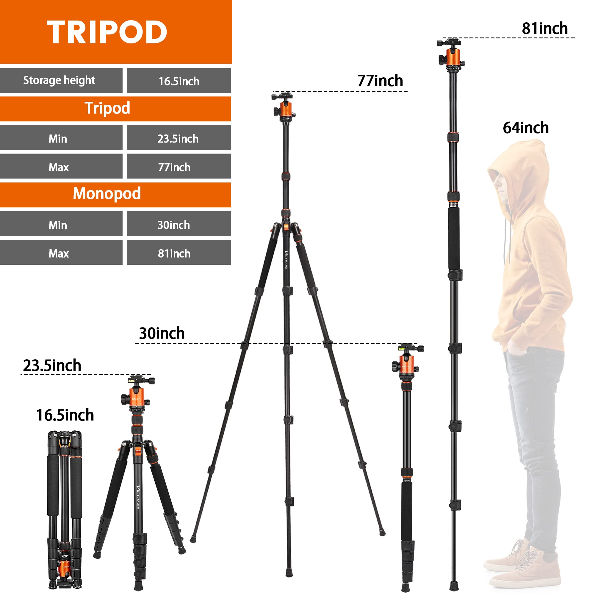 Victiv 82" Tall Camera Tripod Heavy Duty, Aluminum Dslr Tripod Monopod For Photography Travel, Professional Camera Stand For Spotting Scope Telescope Binocular