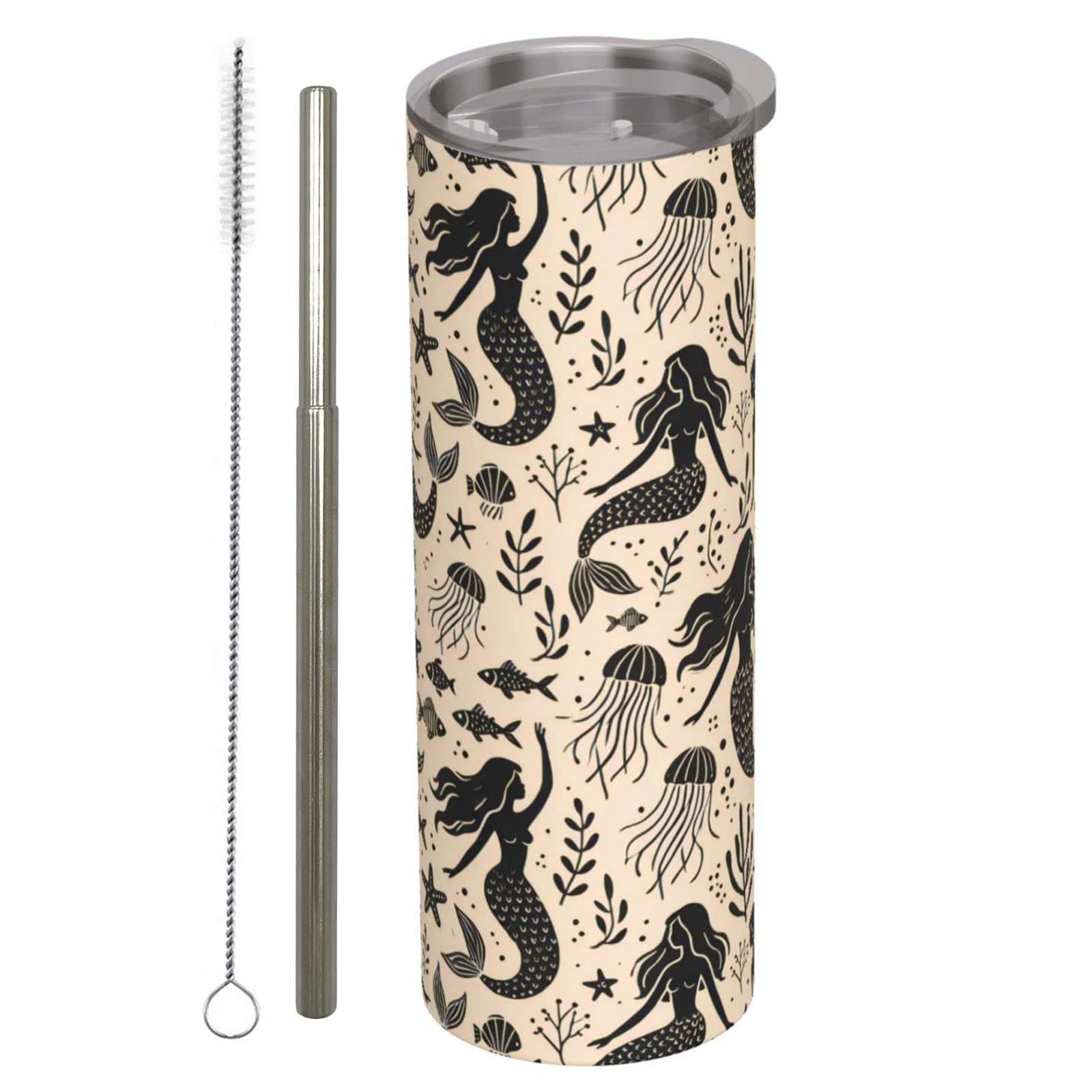 Retro Mermaid Stainless Steel Insulated Tumbler With Lid - 20Oz Nautical Ocean Vintage Travel Mug