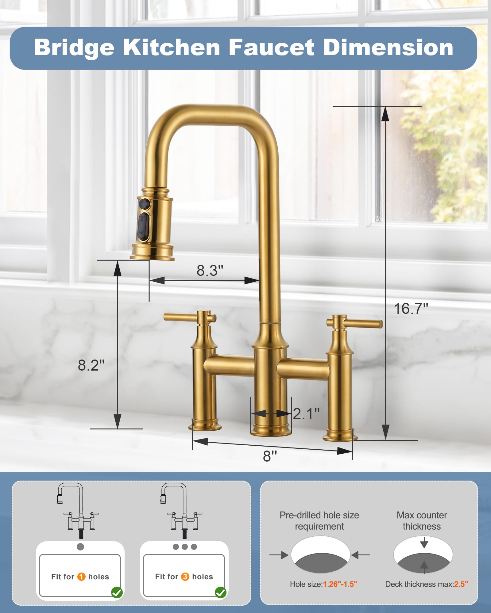 Arcora Bridge Kitchen Faucet Brushed Gold: Two Handles 8 Inch Centerset Brass - 3 Holes High Arc With Pull Down Sprayer For Farmhouse, 360 Swivel Spout
