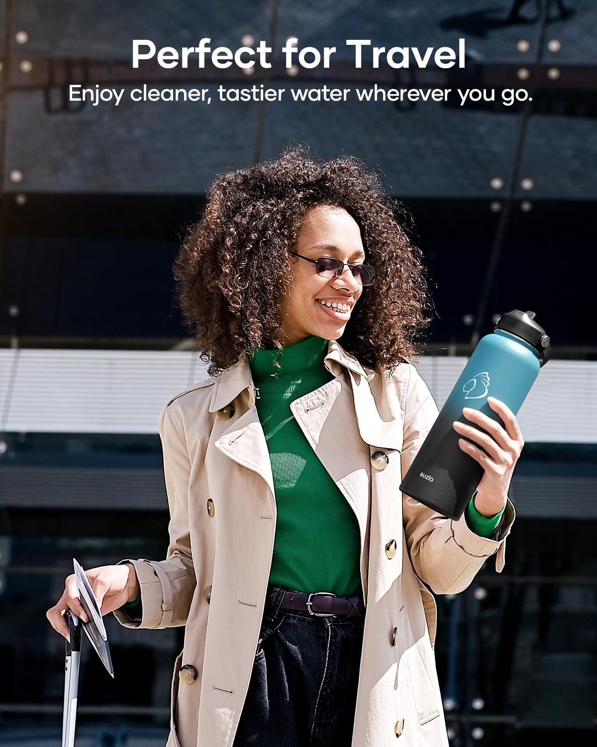 Buzio Insulated Filtered Water Bottle, Stainless Steel Travel Bottle With Carbon Filter And Straw