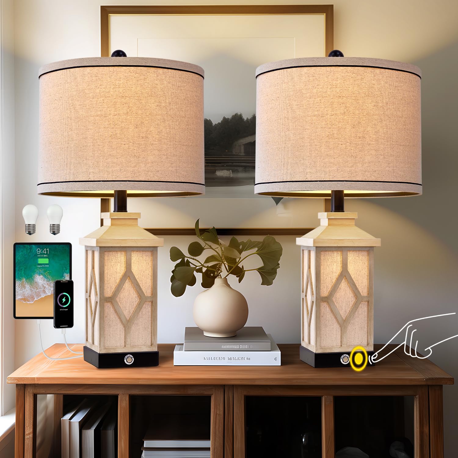 G-Safava 23.5" Touch Table Lamps Set Of 2 For Living Room - Farmhouse Bedside With Usb A+C Charging Ports, 3-Way Dimmable White, Retro For Night Stands, Boho Bedroom