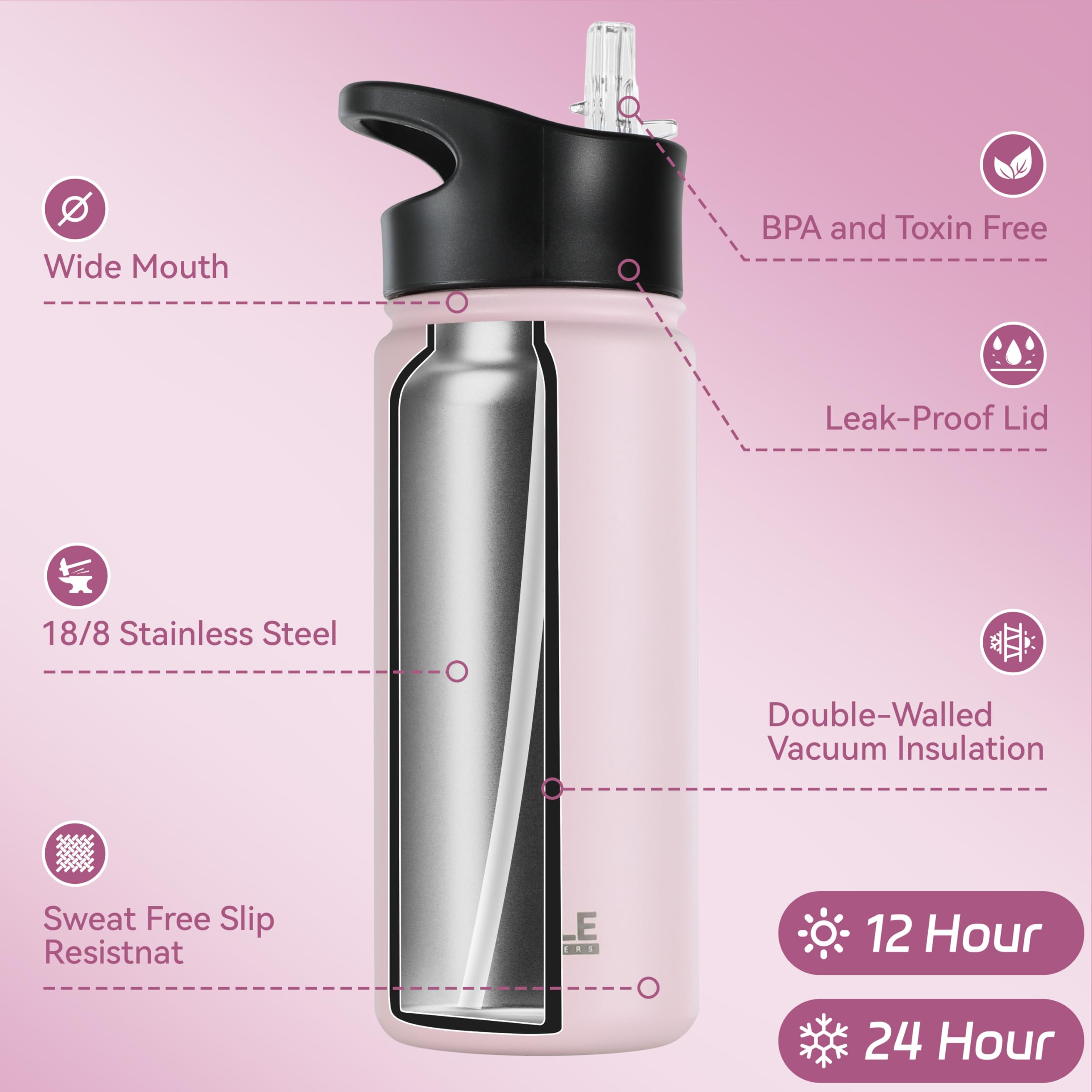 Hasle Outfitters Insulated Water Bottle 16 Oz Double Wall Vacuum Stainless Steel Water Bottle Leak