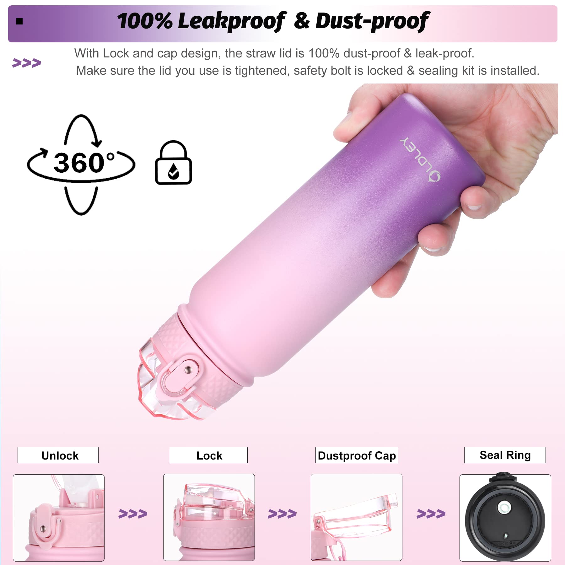 Oldley Water Bottles 20 Oz Insulated Water Bottle With Straw 3 Lids,Vacuum Stainless Steel