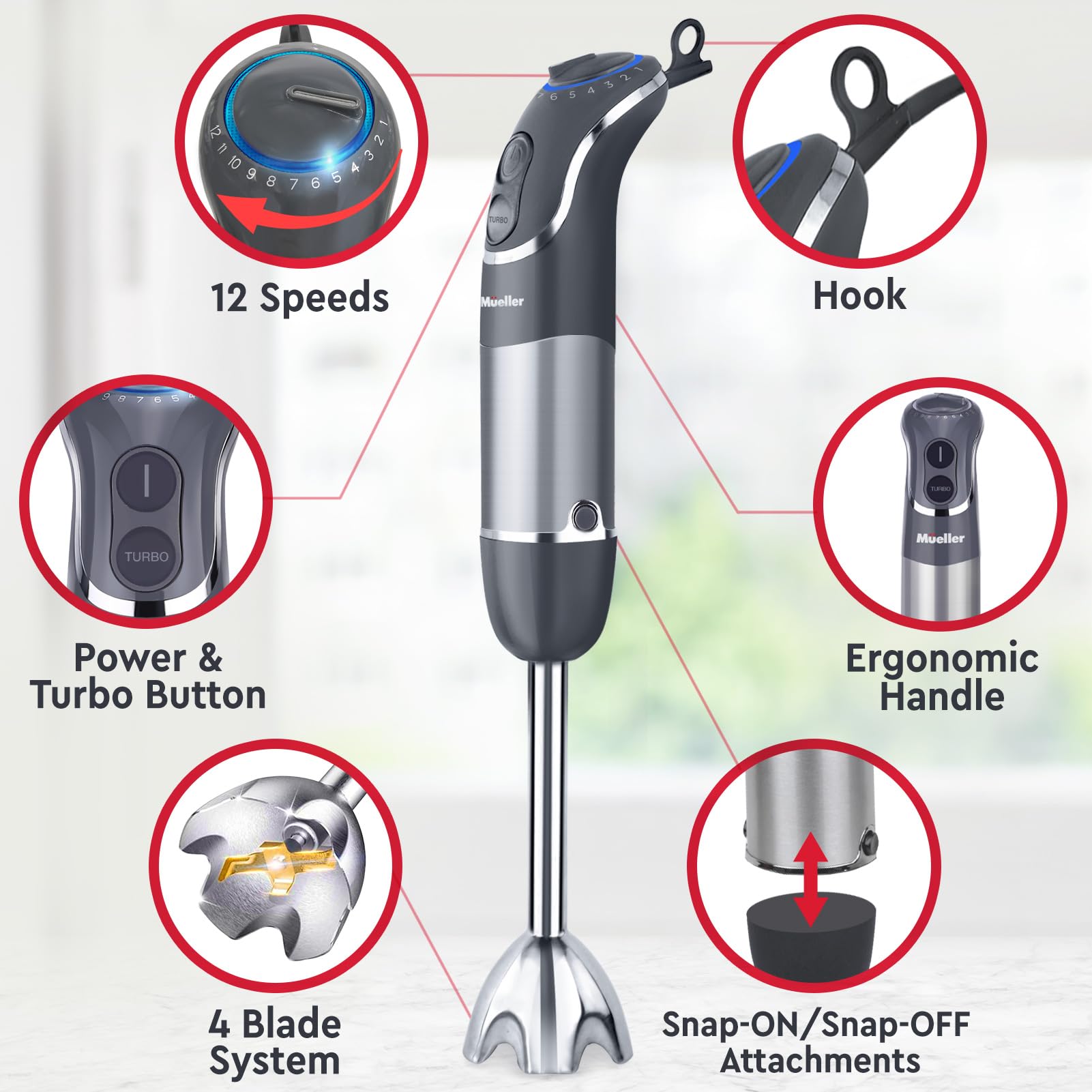 Mueller Multistick 800W 4-In-1 Immersion Blender Handheld, 12 Speed Hand Mixer Turbo Boost, Heaviest Duty Copper Motor, Titanium Blades Hand Blender, Milk Frother Wand, Whisk, Beaker, Chopper, Grey