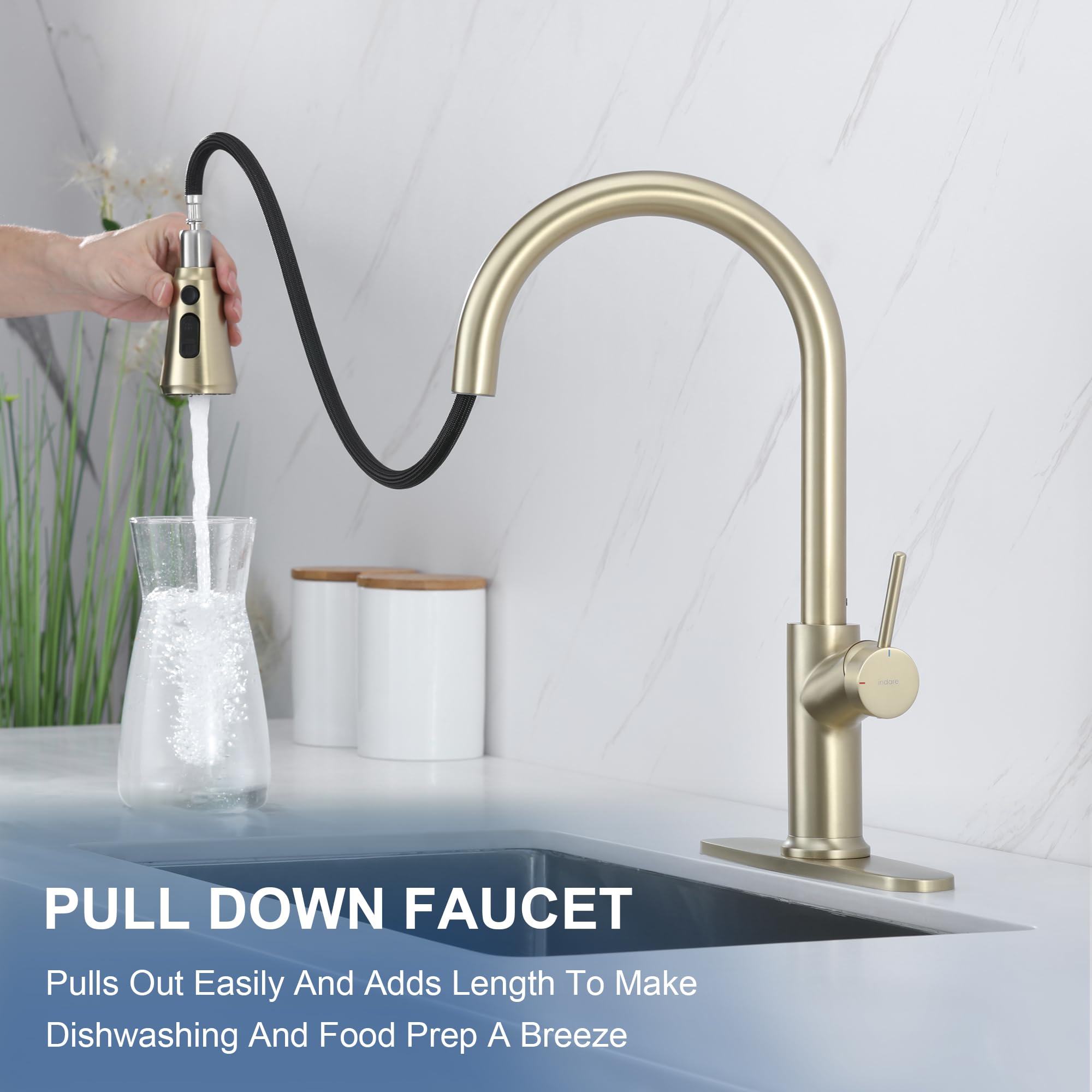 Indare Kitchen Faucet With Pull Down Sprayer Brushed Gold, High Arc Single Handle Kitchen Sink Faucet With Deck Plate, Stainless Steel Faucet For Kitchen Sink For Farmhouse Laundry Rv
