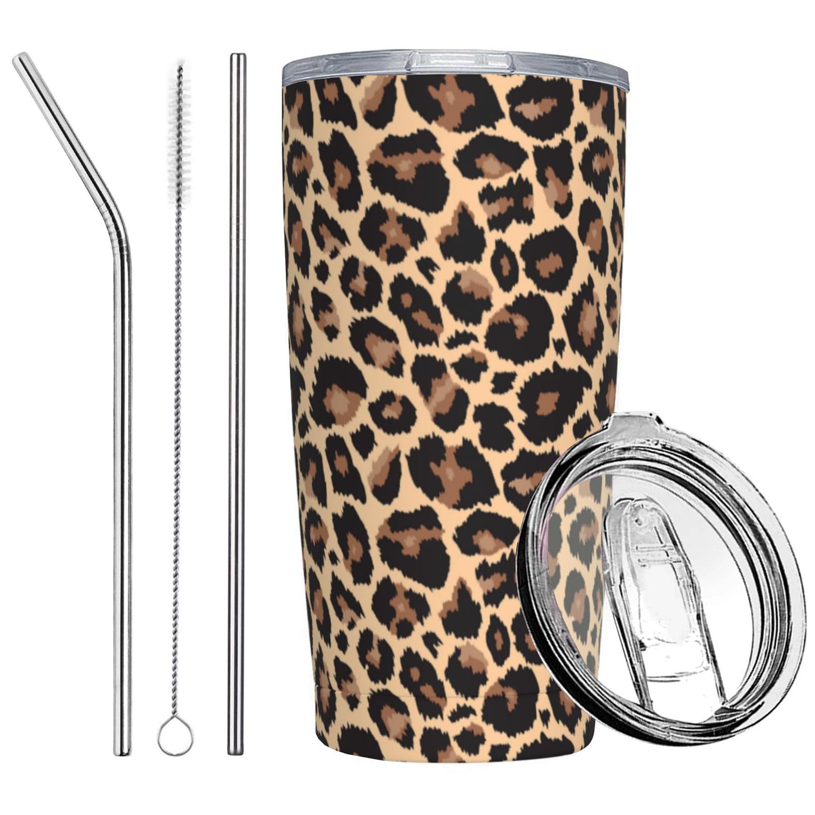 Leopard Print Tumbler, Cheetah Cup With Lid And Straw, 20 Oz Stainless Steel Insulated Water Bottle