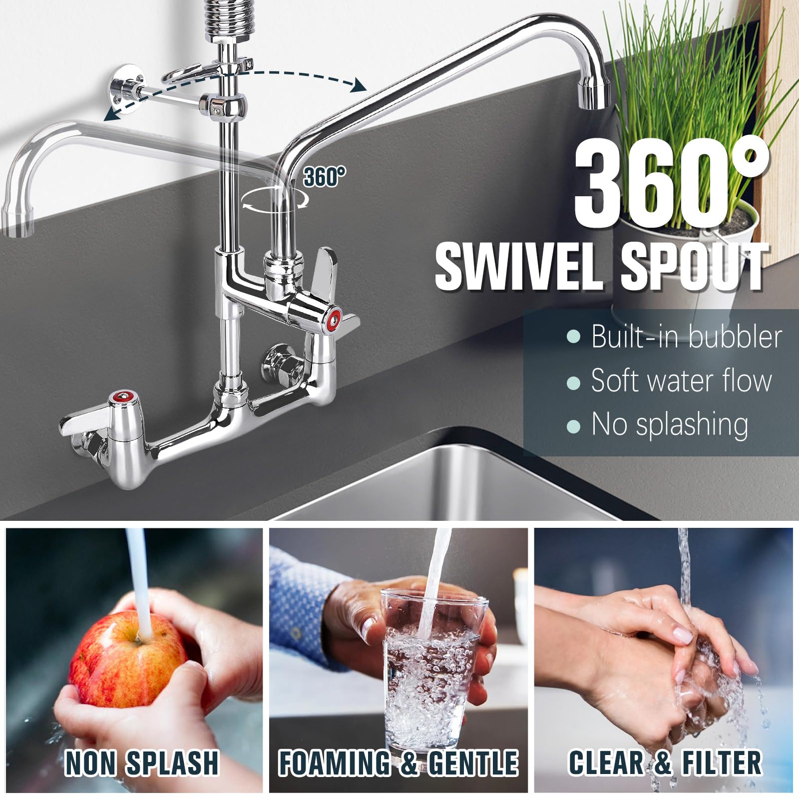 Bzimak Commercial Faucet With Sprayer, 25 Inch Height Commercial Sink Faucet Wall Mount With 8" Adjustable Center And 12" Add-On Swing Spout & Pull Down Pre Rinse Sprayer