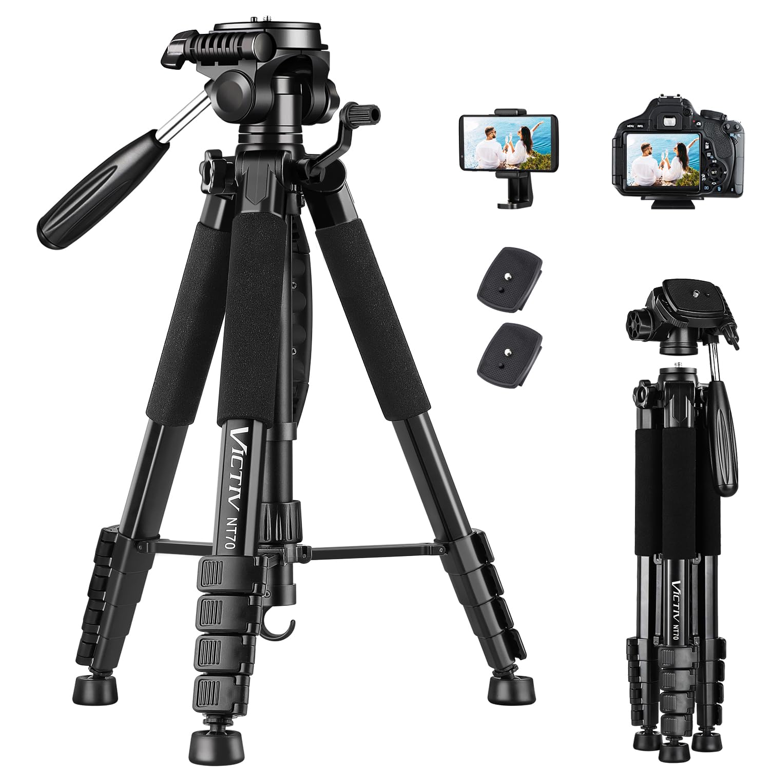 Victiv 74” Camera Tripod, Tripod For Camera And Phone, Aluminum Professional Tripod Stand For Canon Nikon With Carry Bag And Phone Holder, Compatible With Dslr, Iphone, Spotting Scopes, Max Load 9.5Lb