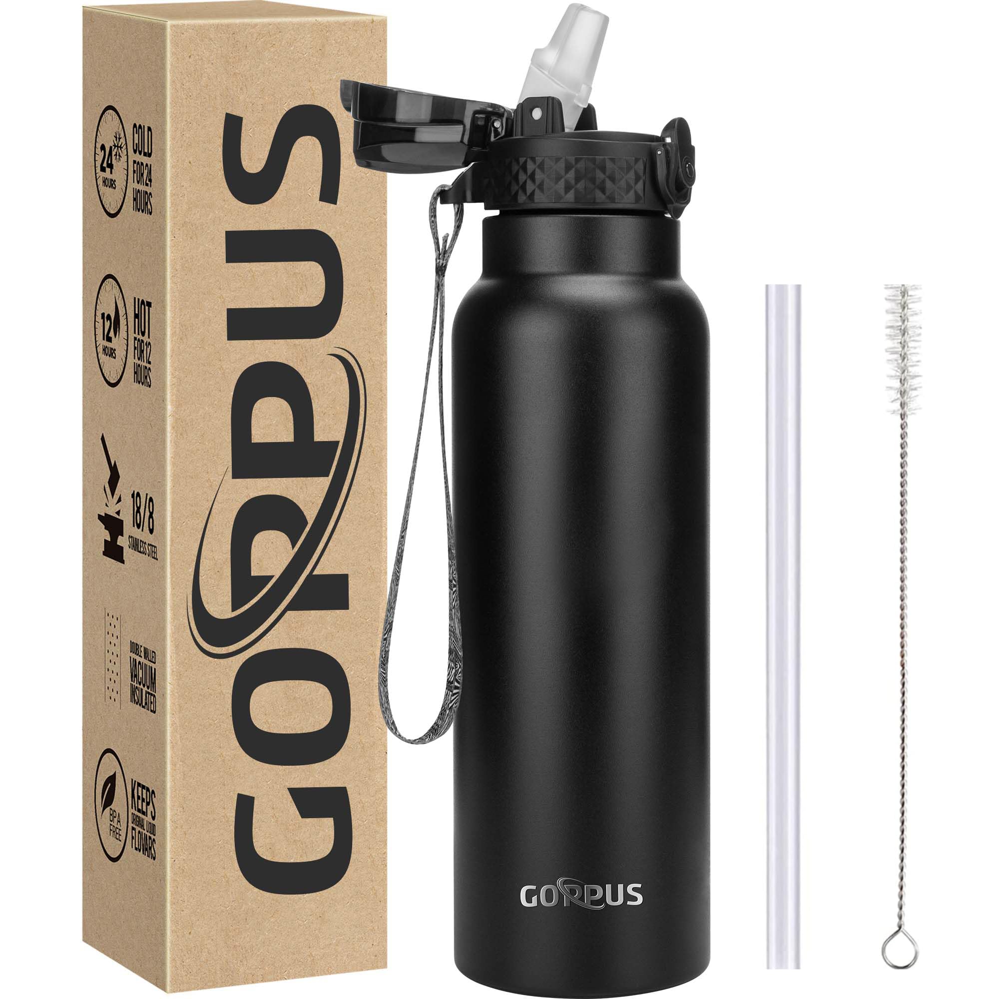 Goppus 24 Oz Insulated Double Wall Vacuum Water Bottle With Straw Stainless Steel Sports Water Cup