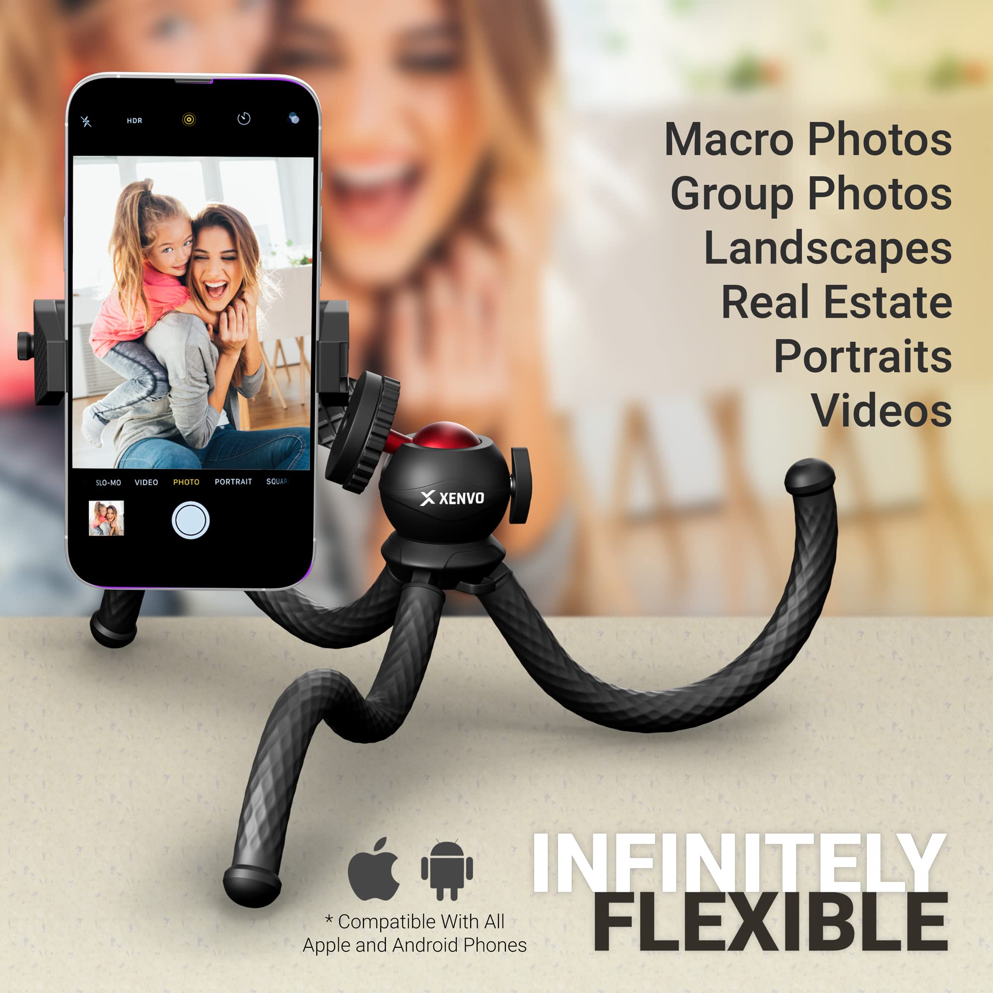 Xenvo Squidgrip Flexible Cell Phone Tripod And Portable Action Camera Holder - Compatible With Iphone, Gopro, Android, Samsung, Google Pixel And All Mobile Phones