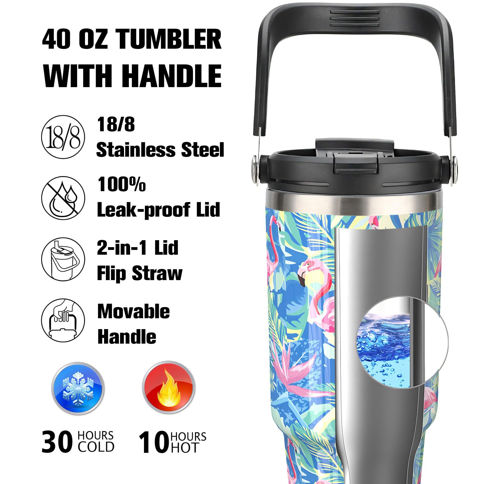 40 Oz Tumbler With Handle And 2-In-1 Lid Flip Straw, 100% Leak Resistant Water Bottle, Double Wall