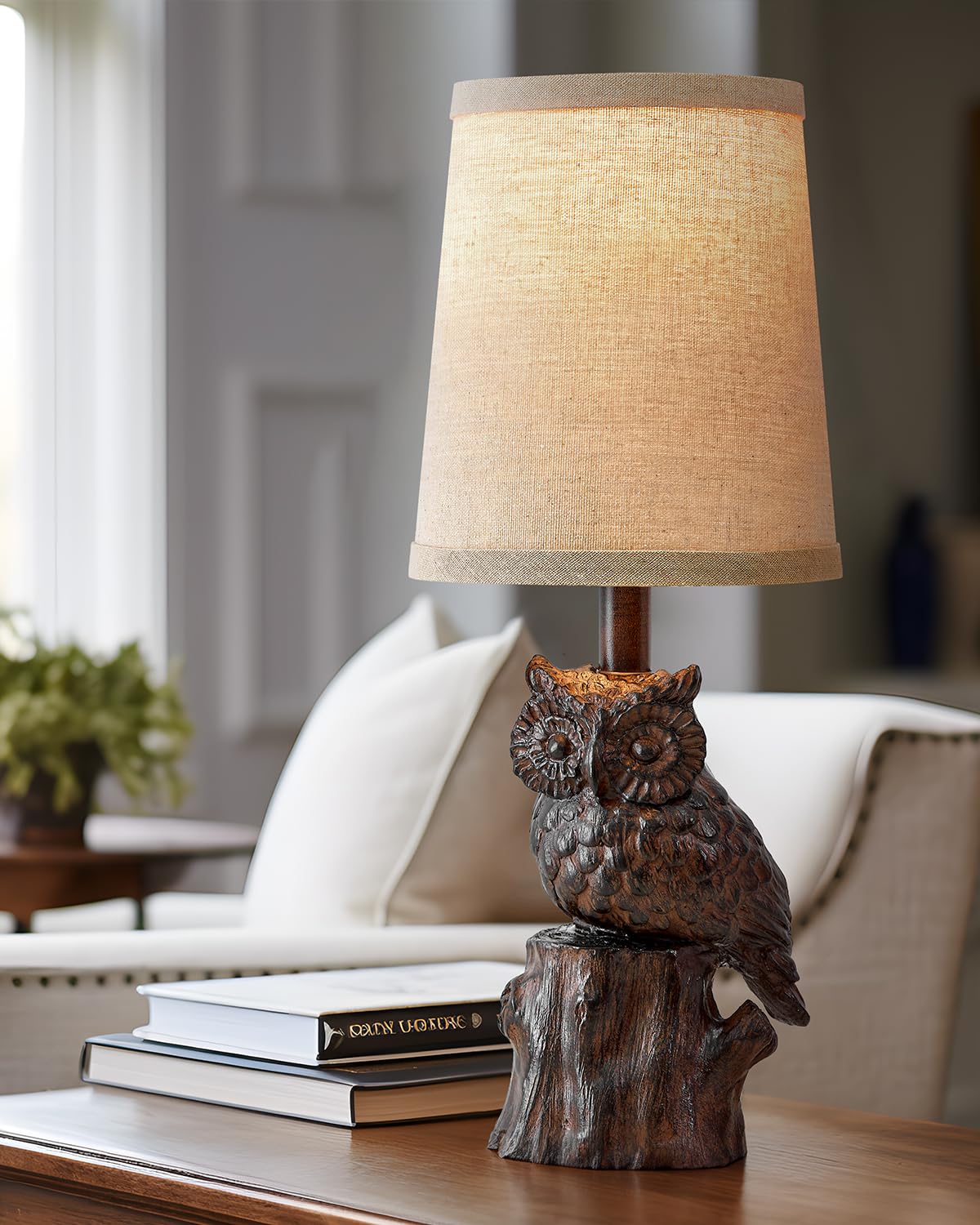 G-Safava 14.25" Small Table Lamp For Living Room Farmhouse Bedside Resin Single Lamp With Brown Owl Lamp Shape For Bedroom Retro Rustic Nightstand Lamp