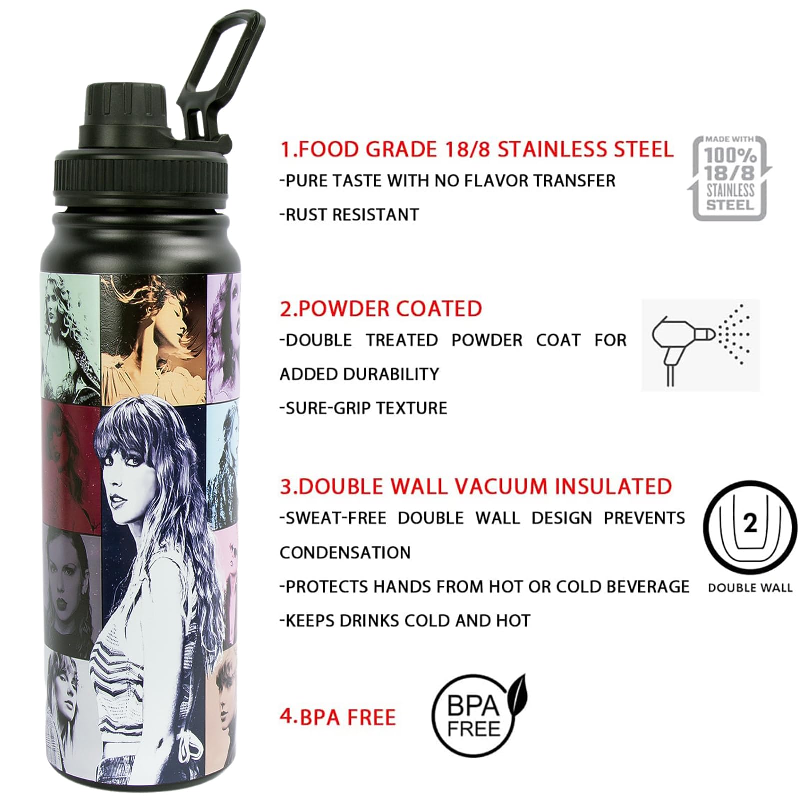 Stainless Steel Double Wall Vacuum Insulated Water Bottle --, Leak-Proof, Wide Mouth Design