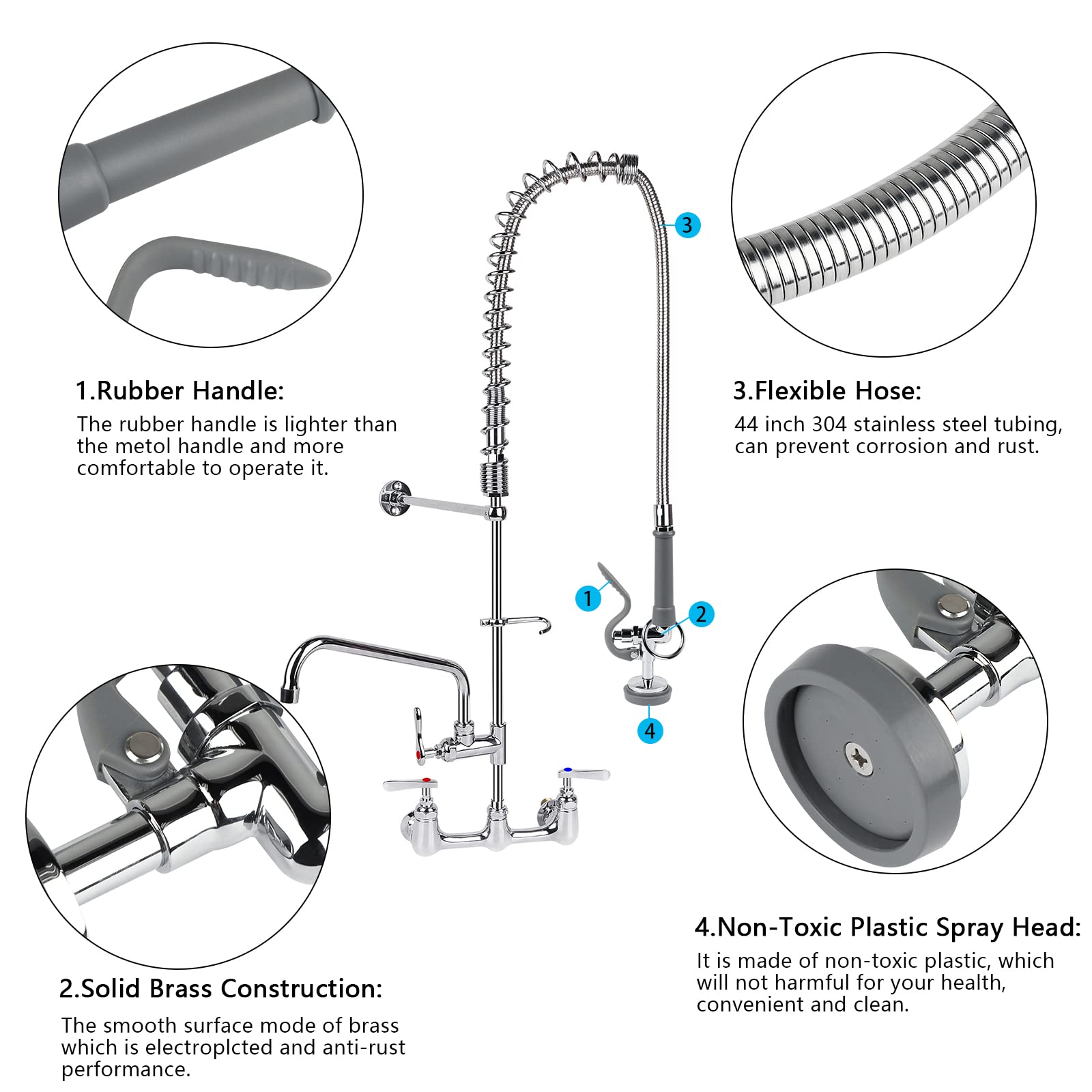 Kanoney Commercial Sink Sprayer With 45" Flexible Stainless Steel Hose, Pre-Rinse Dish Spray Valve Replacement Kit Assembly Sprayer Nozzle Head For Industrial Restaurant Kitchen Faucets, Gray