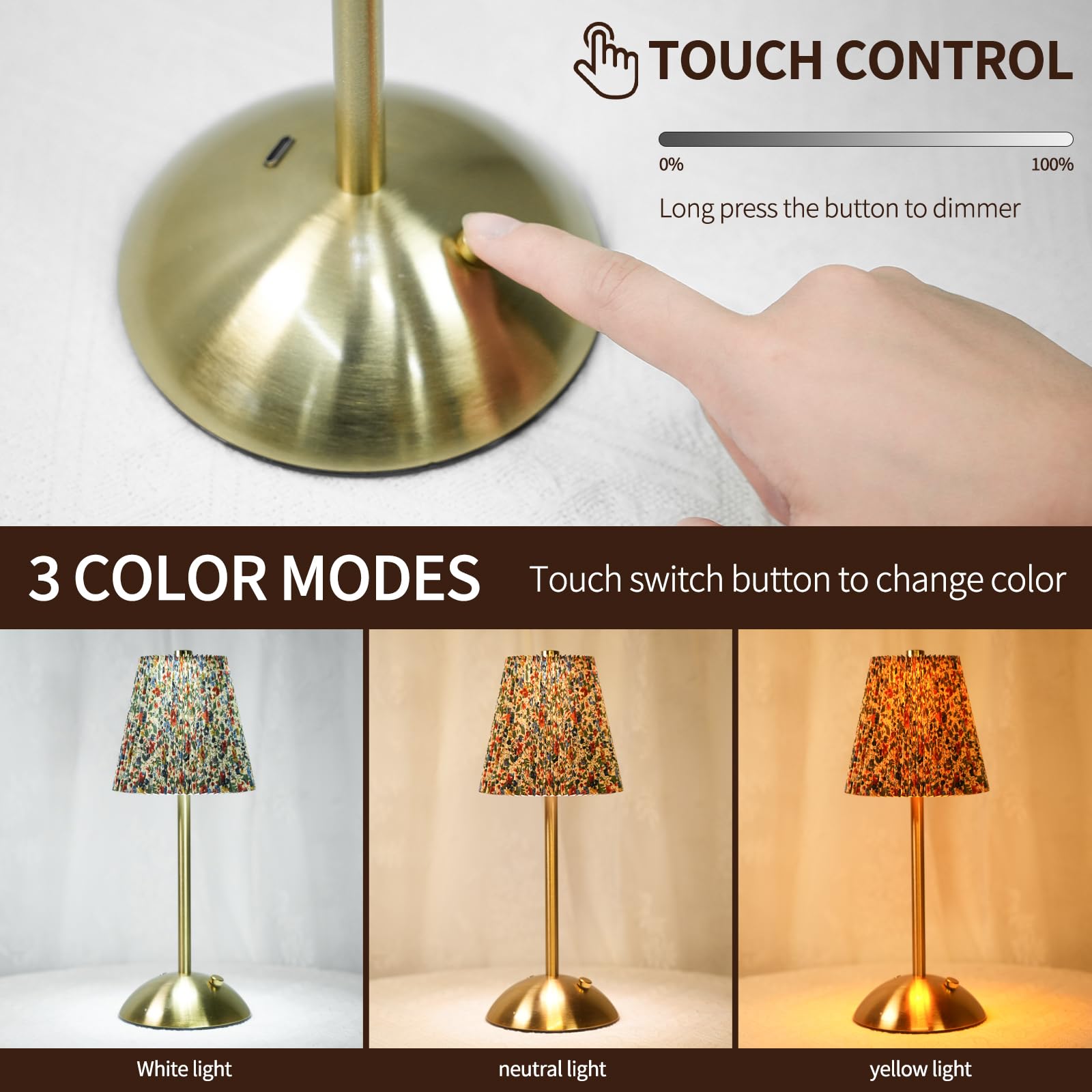 Supbri Cordless Table Lamp Rechargeable,Fabric Shade Bedside Lamp, Dimmable Battery Powered Lamp, 3-Way Night Light For Living Room, Bedroom, Bar(Flower)