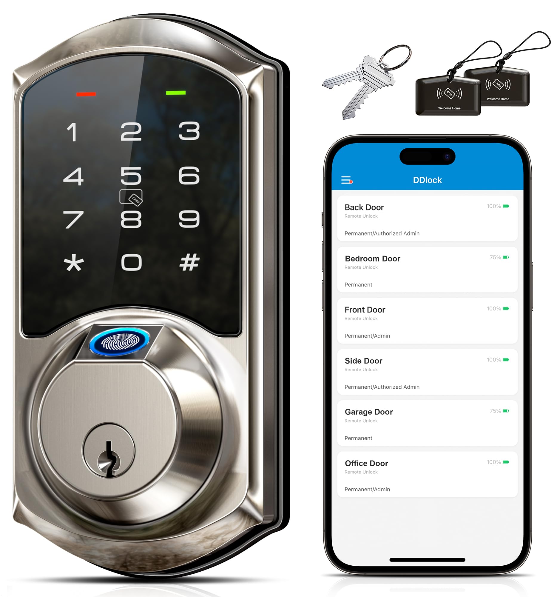 Veise Ve07 Fingerprint Smart Lock For Front Door, 7-In-1 Keyless Entry Deadbolt With App Control, Electronic Digital Locks With Touchscreen Keypad, Auto Lock, Easy Install, Waterproof, Satin Nickel