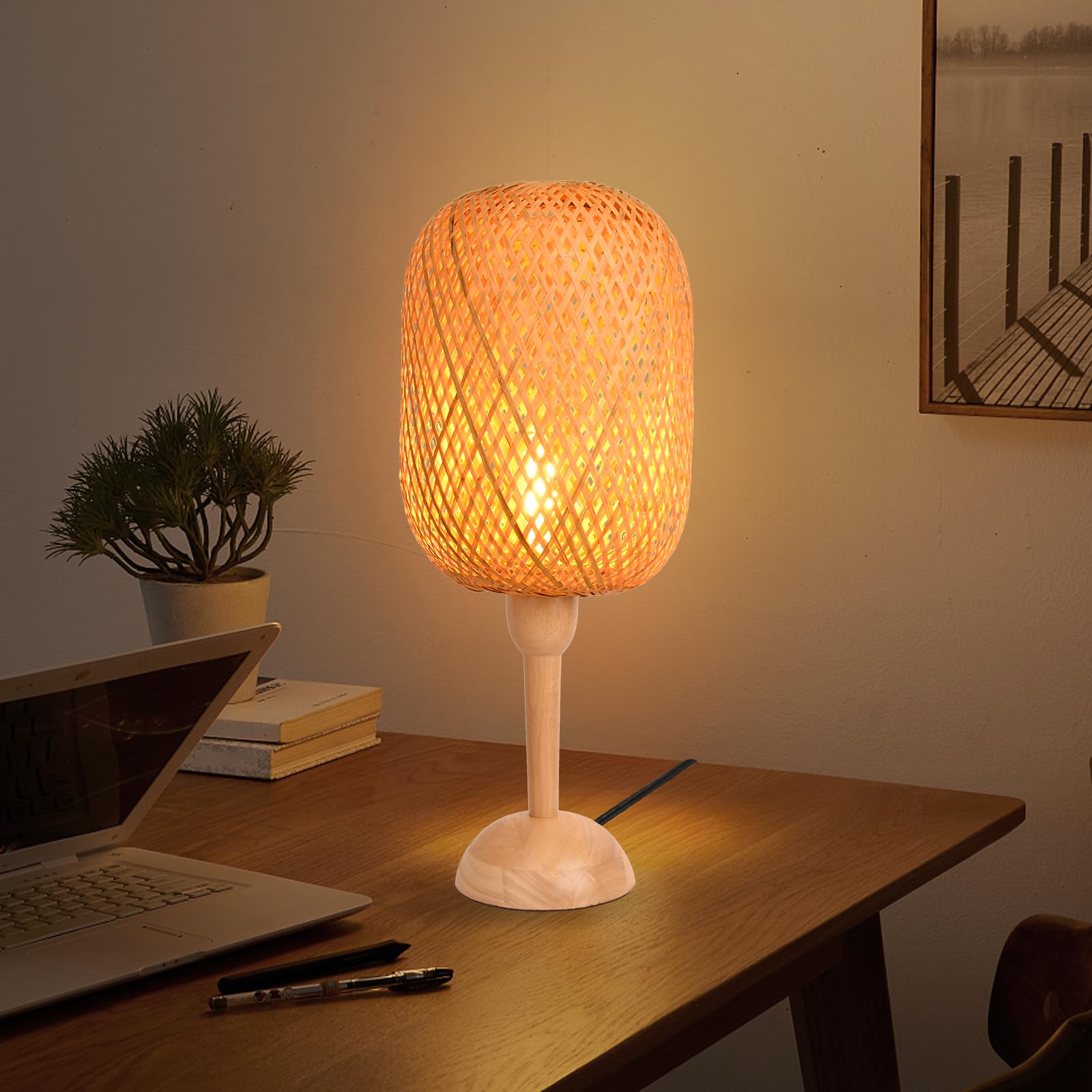 Arturesthome Large Bamboo Weaving Table Lamp With Wooden Base Eye-Caring Bedside Night Light,Wicker Table Lamp Rustic Desk Lamp For Kids Room,Home Decor