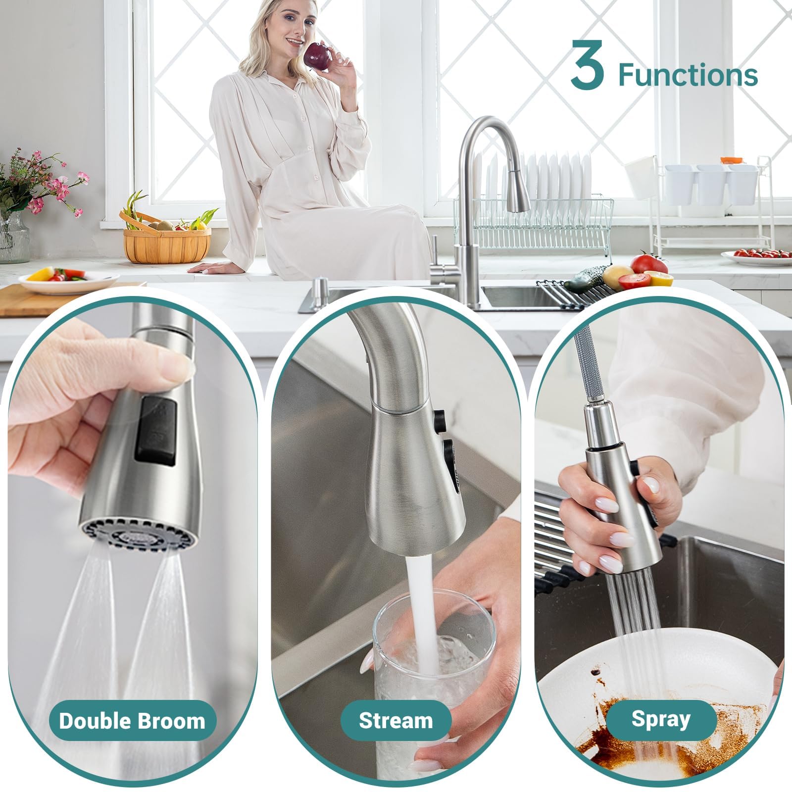 Appaso Stainless Steel Kitchen Faucet With Soap Dispenser, Pull Down Sprayer 3 Modes, Brushed Nickel High Arc Single Handle Gooseneck Faucets For 1 To 4 Holes Sink, Farmhouse, Rv, Bar, Laundry