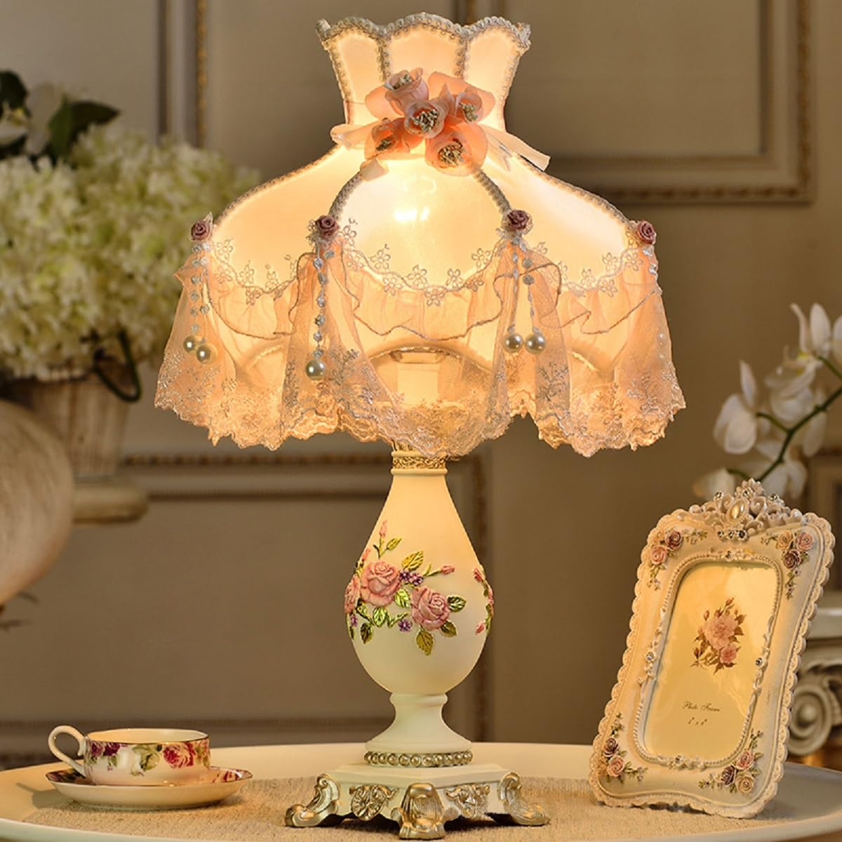 Tfcfl Victorian Lace Fancy Table Lamp, Handmade Fabric Bedside Lamp Light European Style Nightstand Lamp Desk Lamp Antique Painted Resin Base For Bedroom Living Room Office