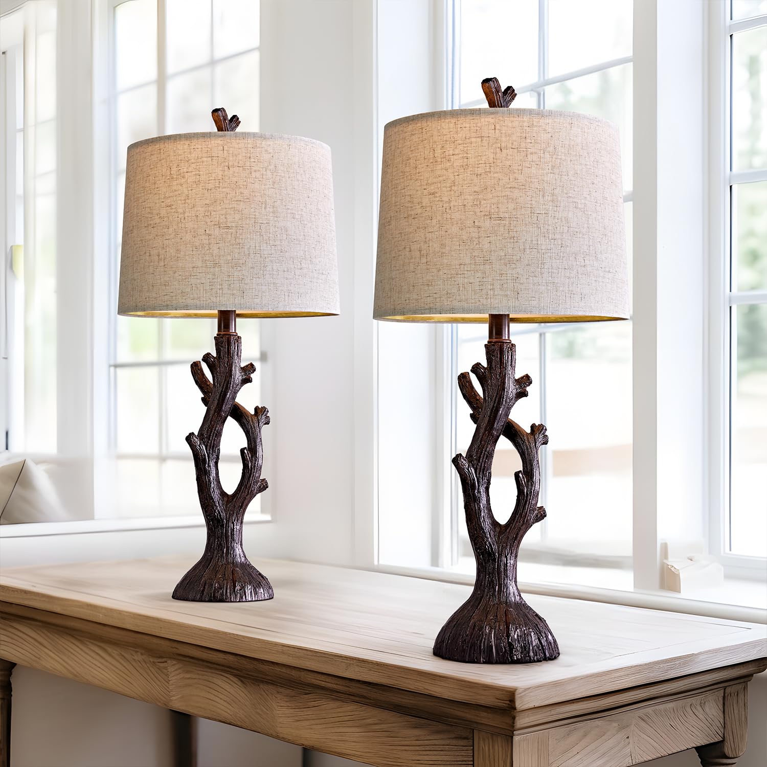 Oyears 25" Farmhouse Table Lamp Set Of 2 For Living Room Bedroom Resin Bedside Tree Lamp Nightstand End Table Lamps Vintage Natural Style