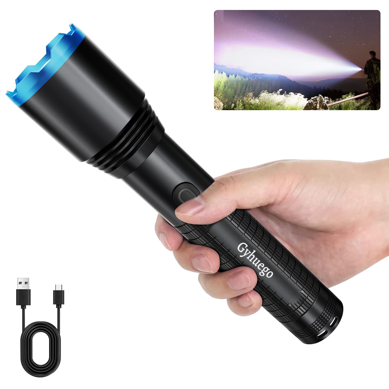 Gyhuego Led Flashlight, Recharge Tactical Flashlights High Lumens 10000, Zoomable Waterproof Flash Lights For Emergency, Outdoor, Home, Camping, Hiking