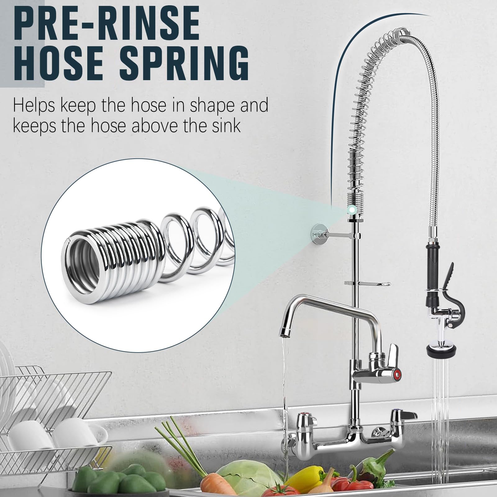 Bzimak Commercial Faucet With Sprayer, 25 Inch Height Commercial Sink Faucet Wall Mount With 8" Adjustable Center And 12" Add-On Swing Spout & Pull Down Pre Rinse Sprayer