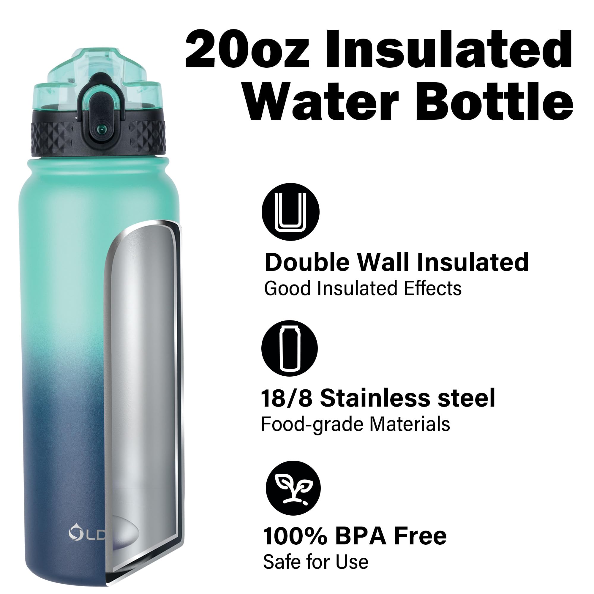 Oldley Insulated Water Bottle 20Oz For Adults Kids Stainless Steel Water Bottles With Straw/Chug