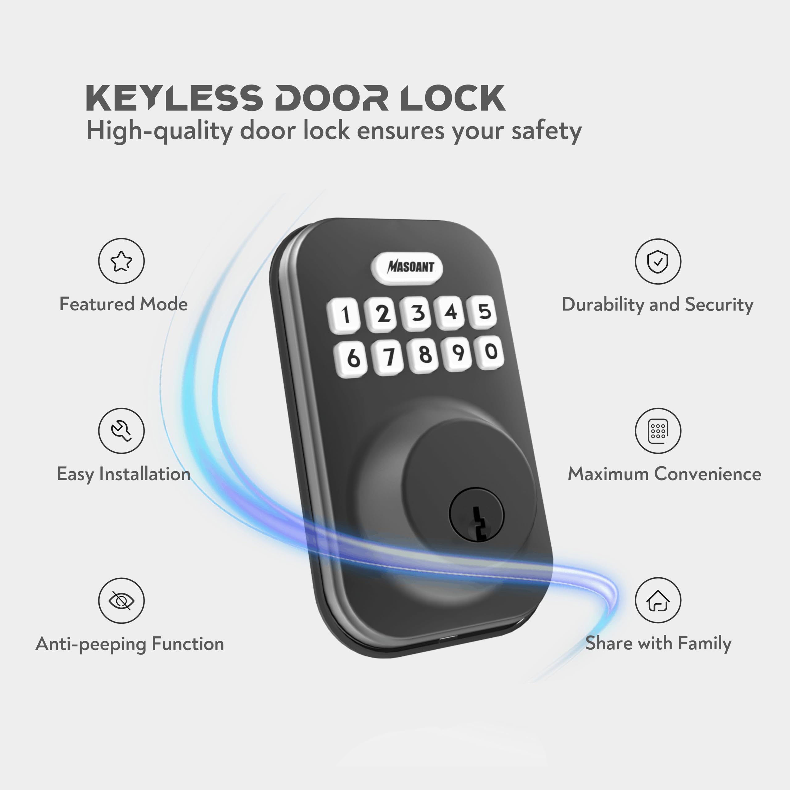 Masoant Keypad Deadbolt Lock Electronic Keyless Front Door Auto Lock Easy Installation Digital Code Anti-Peeping Password Weatherproofing Matte Black