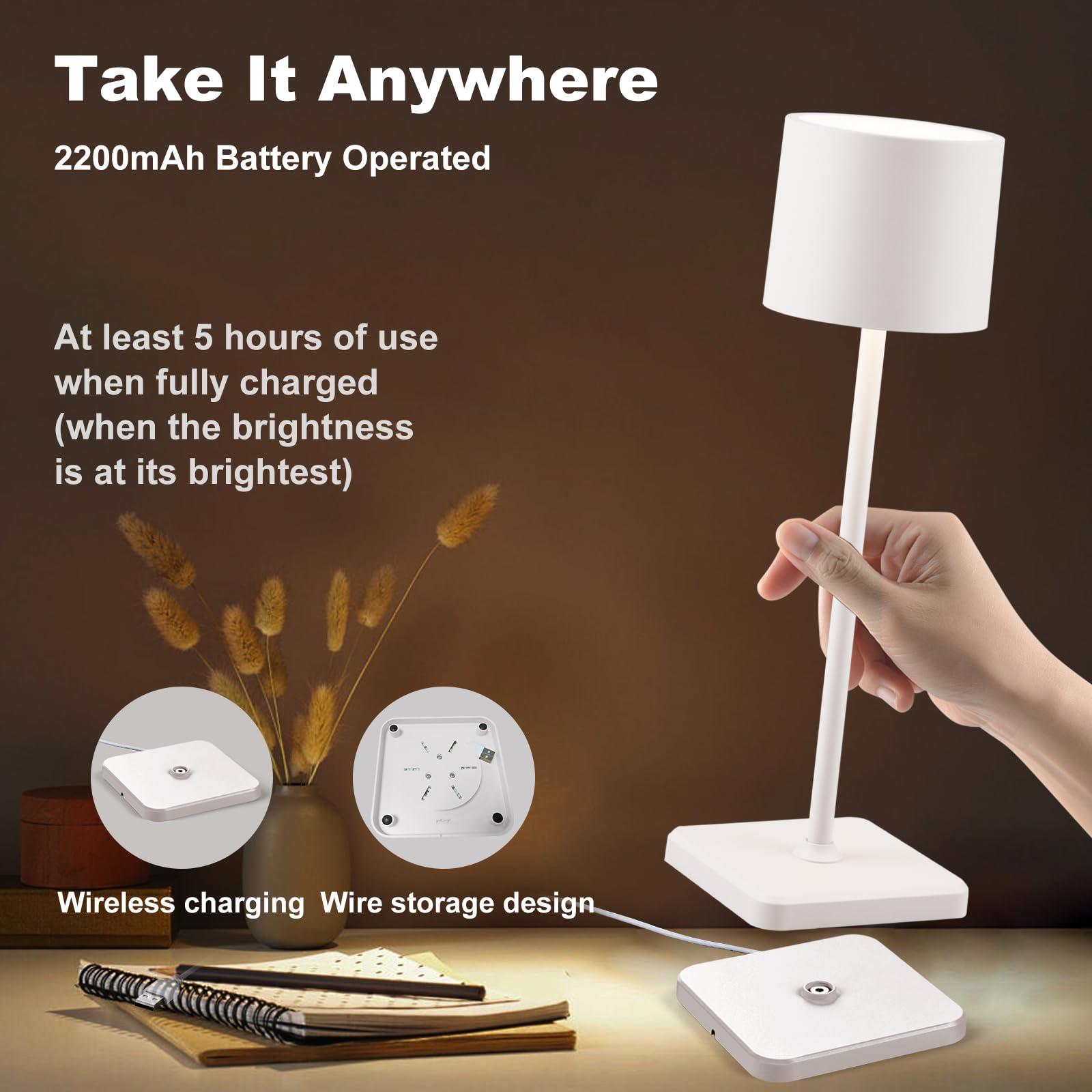 Bkzo 2 Pack Cordless Table Lamp Rechargeable, Wireless Charging Led Table Lamp, Ip54 Waterproof Aluminum Bedside Light, Touch Control, Suitable For Indoor And Outdoor Use, White